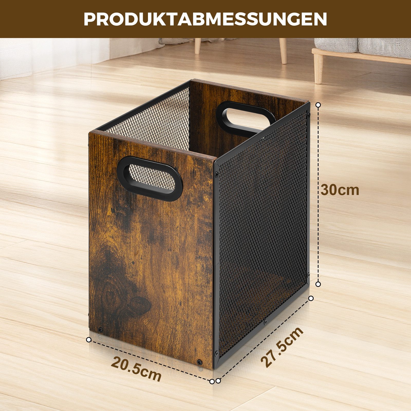 JOYOLEDER Papierkorb Retro-Büro-Papierkorb, Eisen und Holz, Kombination Schlafzimmer, Abfalleimer mit Griff, Industrie-Stil, Mülleimer für Zuhause, Büro