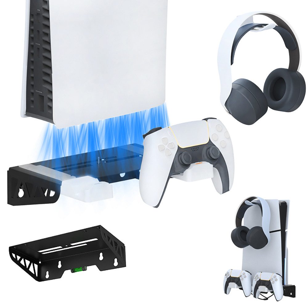 Toomoke Wall Mount Wandhalterung PS5 Slim mit Lüfter mit Controller-Ladegerät Controller-Ladestation (Controller-Ladegerät für PS5, Ladestation PS5 mit Kopfhörerhalterung)