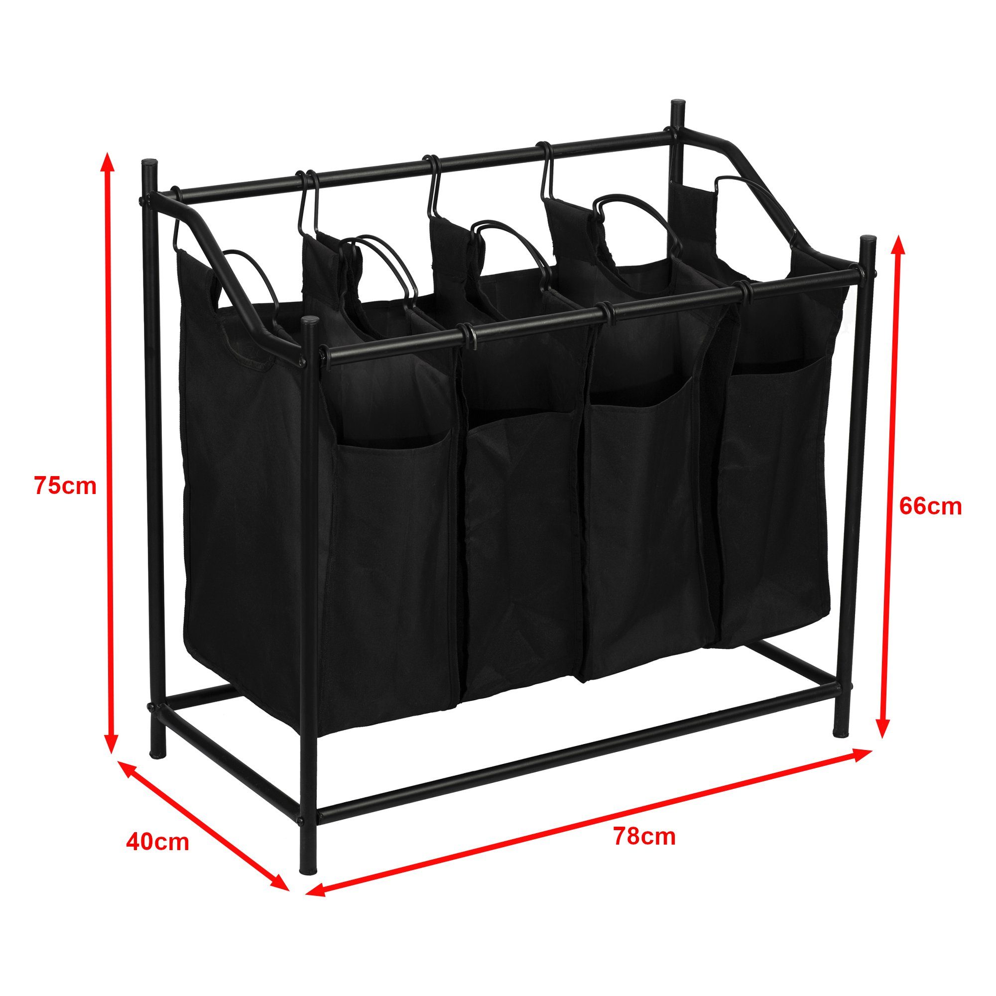 en.casa Wäschesortierer, Vamdrup Wäschesammler mit 4 Taschen Schwarz