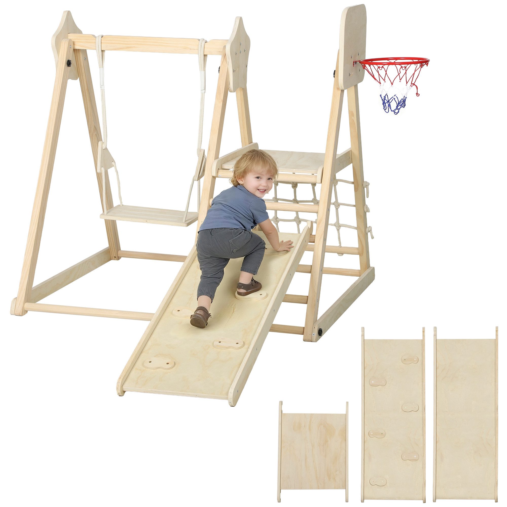 AIYAPLAY Klettergerüst Kletterdreieck mit Rutsche, Schaukel, Kletternetz und -brett, (Montessori Indoor Holz, 1-St., Klappbar Spielplatz), für Kinder 3-6 Jahre, Naturholz