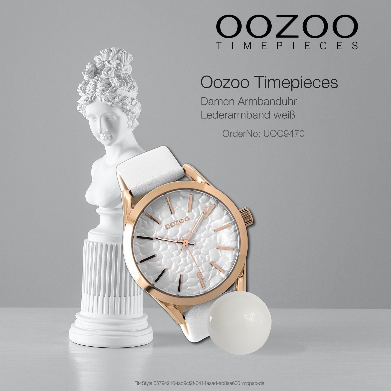 (ca. OOZOO Quarzuhr groß rund, Damen Armbanduhr Oozoo 43mm) Damenuhr Fashion-Style Lederarmband, weiß,