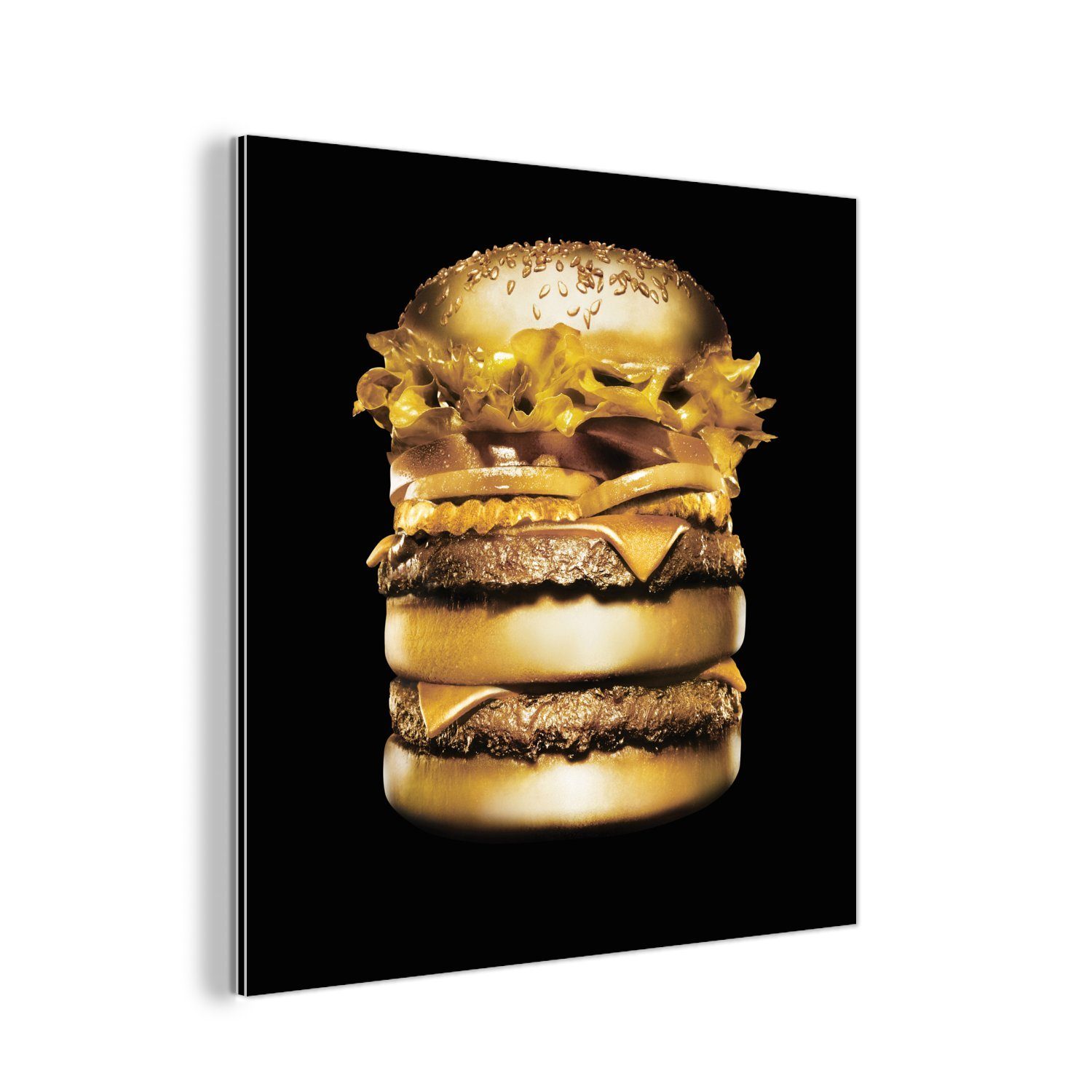 MuchoWow Metallbild Goldener Hamburger auf schwarzem Hintergrund., (1 St), Alu-Dibond-Druck, Gemälde aus Metall, Aluminium deko