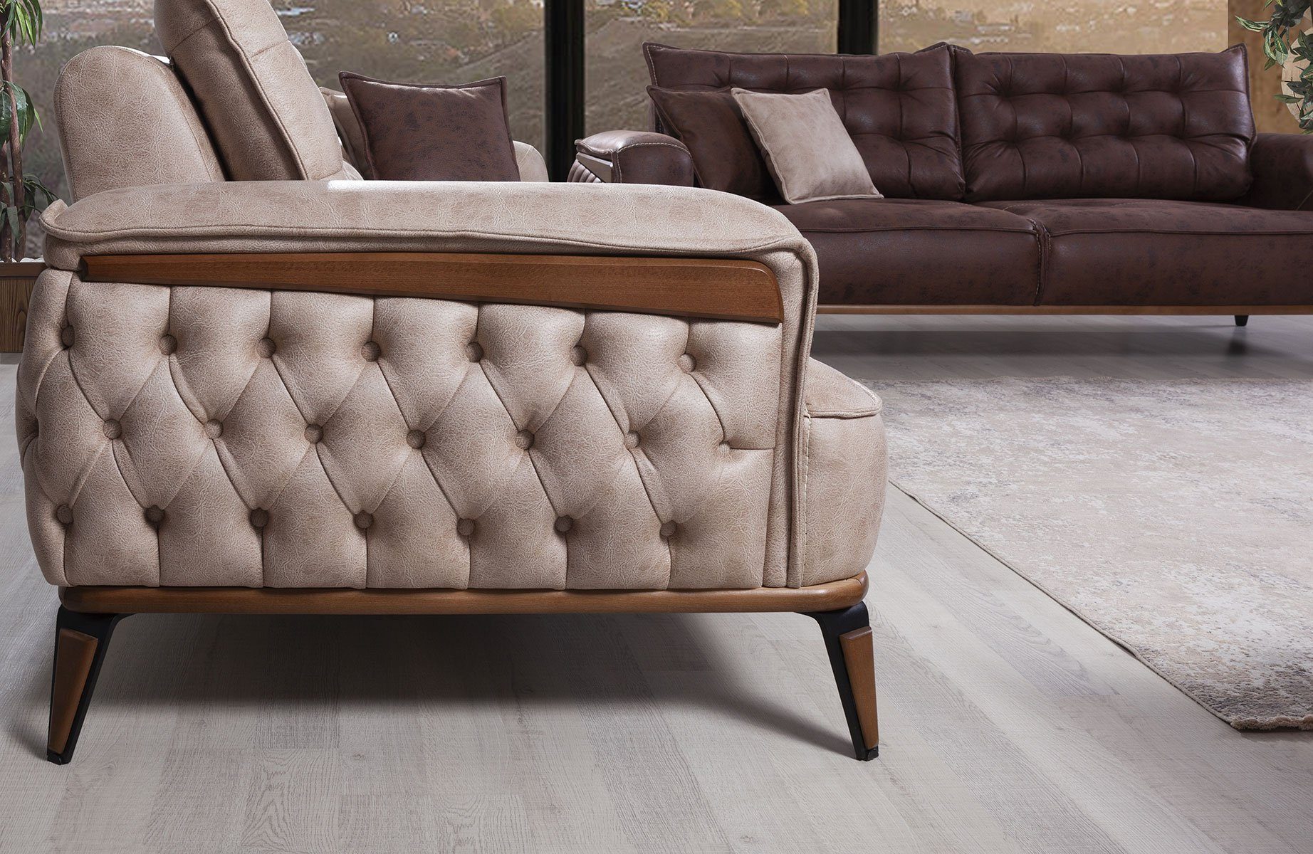 3-Sitzer, Made in Troya Villa Luxus-Microfaserstoff 1 in Sofa, Turkey, Beige Sitzer Polyester) Sofa 3 (100% Lederoptik Stk. Möbel Quality
