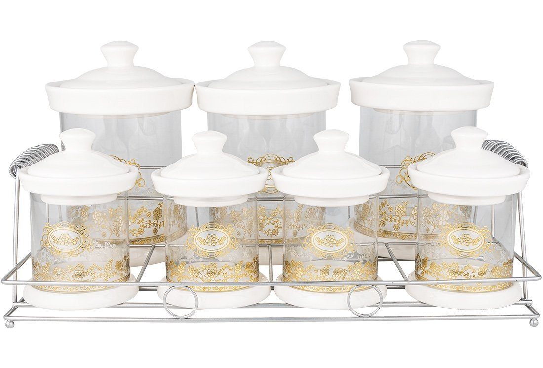 Gewürzbehälter Porzellan, 7-er, Almina Weiß, Glas Gewürz-Set, Gewürzbehälter, Glas, & (8-tlg) Aus Porzellan,