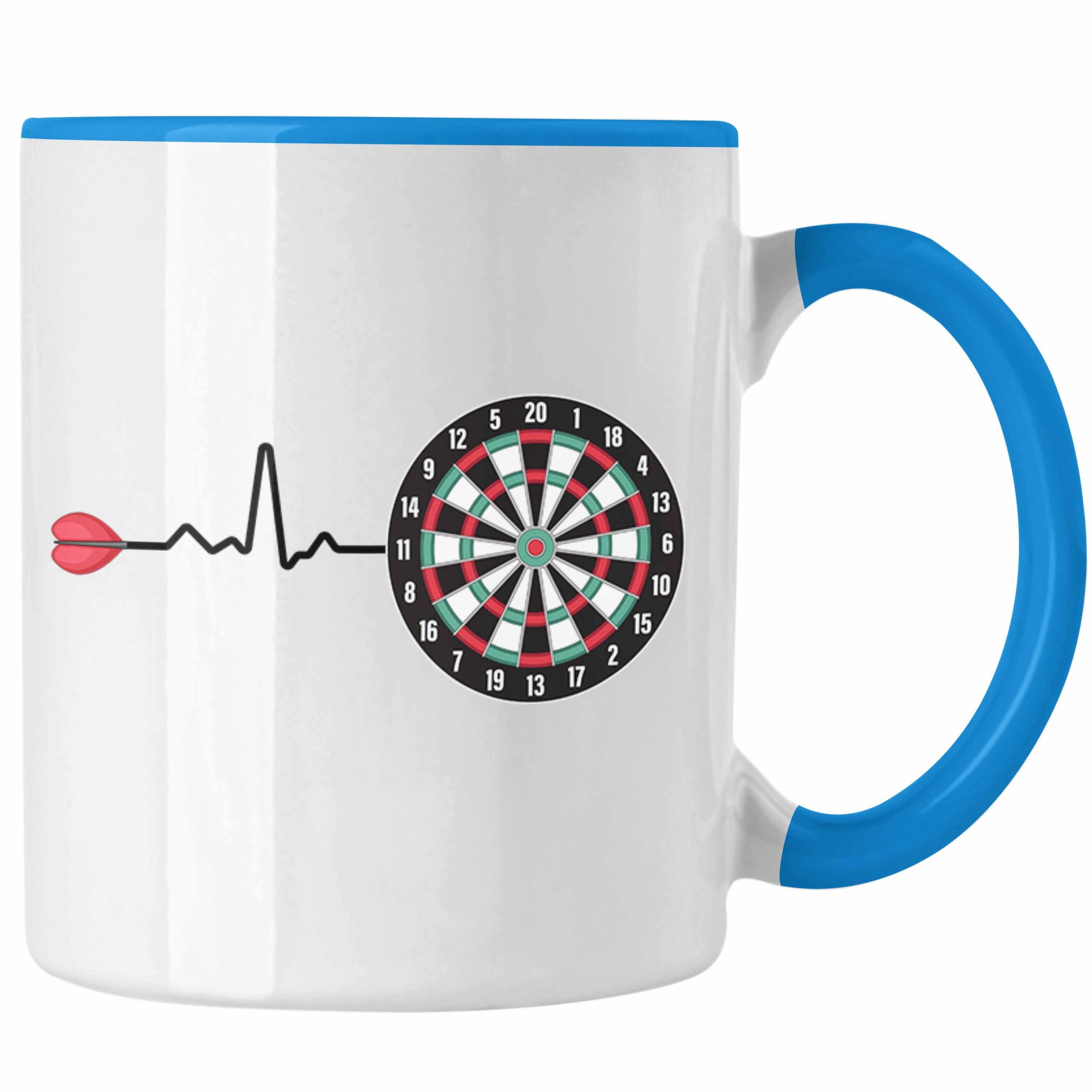 Trendation Tasse Trendation - Dart Herzschlag Geschenk Tasse Kaffeetasse Dartspieler Geschenkidee Darts Geschenke für Männer Frauen Blau | Teetassen