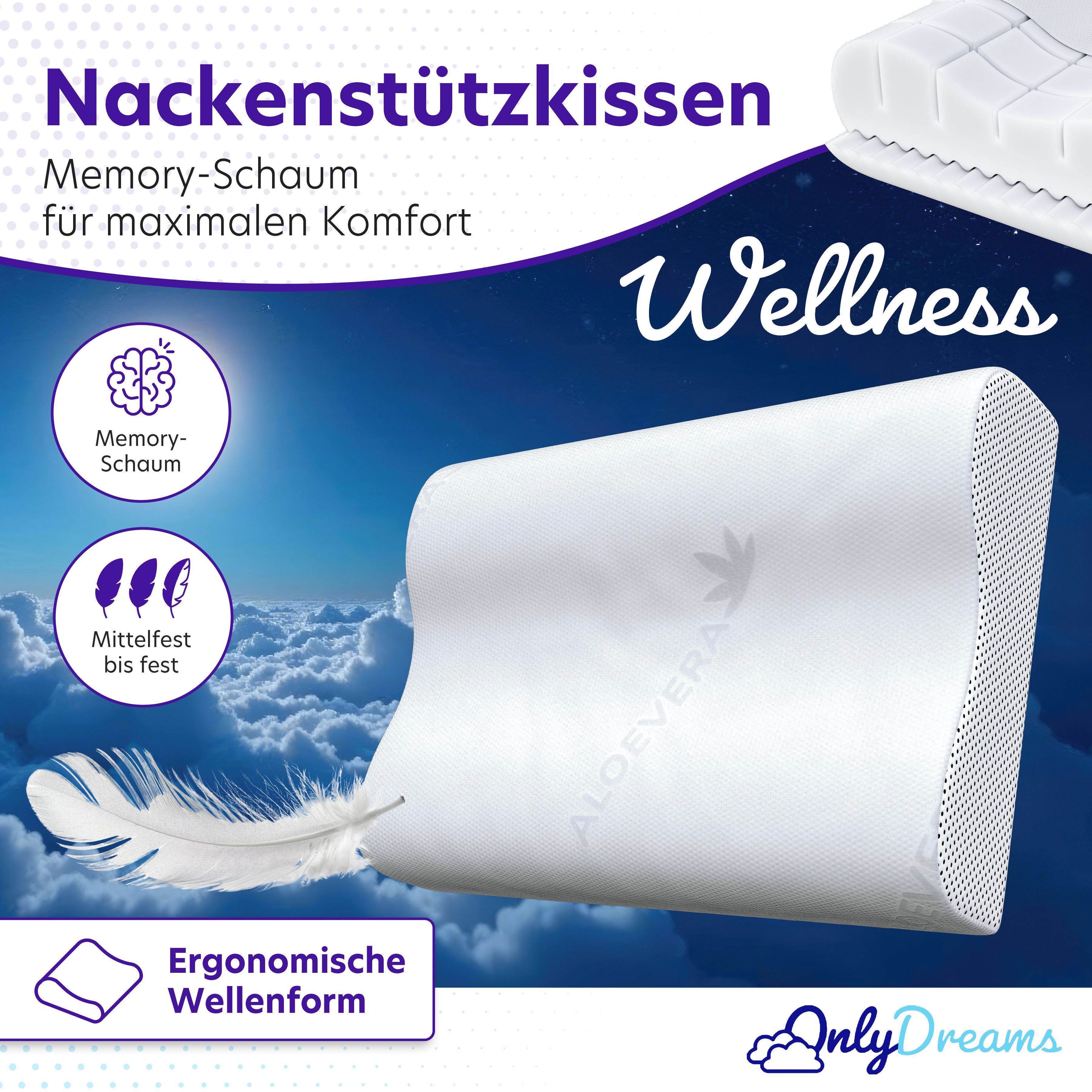 Träumegut24 Anti-Schnarch Kissen OnlyDreams - Ergonomisches Nackenstützkissen, Aloe Vera Bezug, Ergonomisch, Hypoallergen, Bezug waschbar und atmungsaktiv