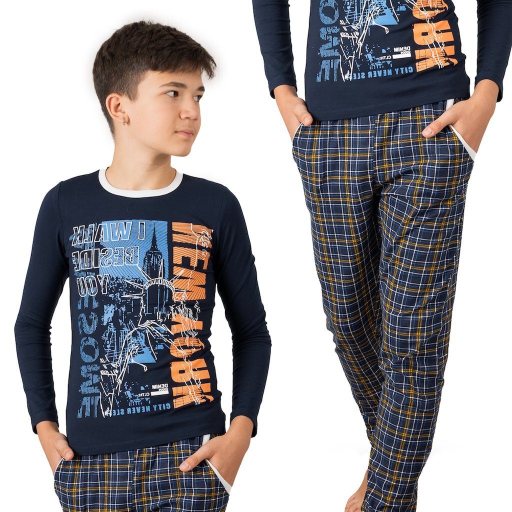 LOREZA Pyjama Jungen Schlafanzug zweiteilig Langarm - New York - Mehrfarbig (Set, 2 tlg)