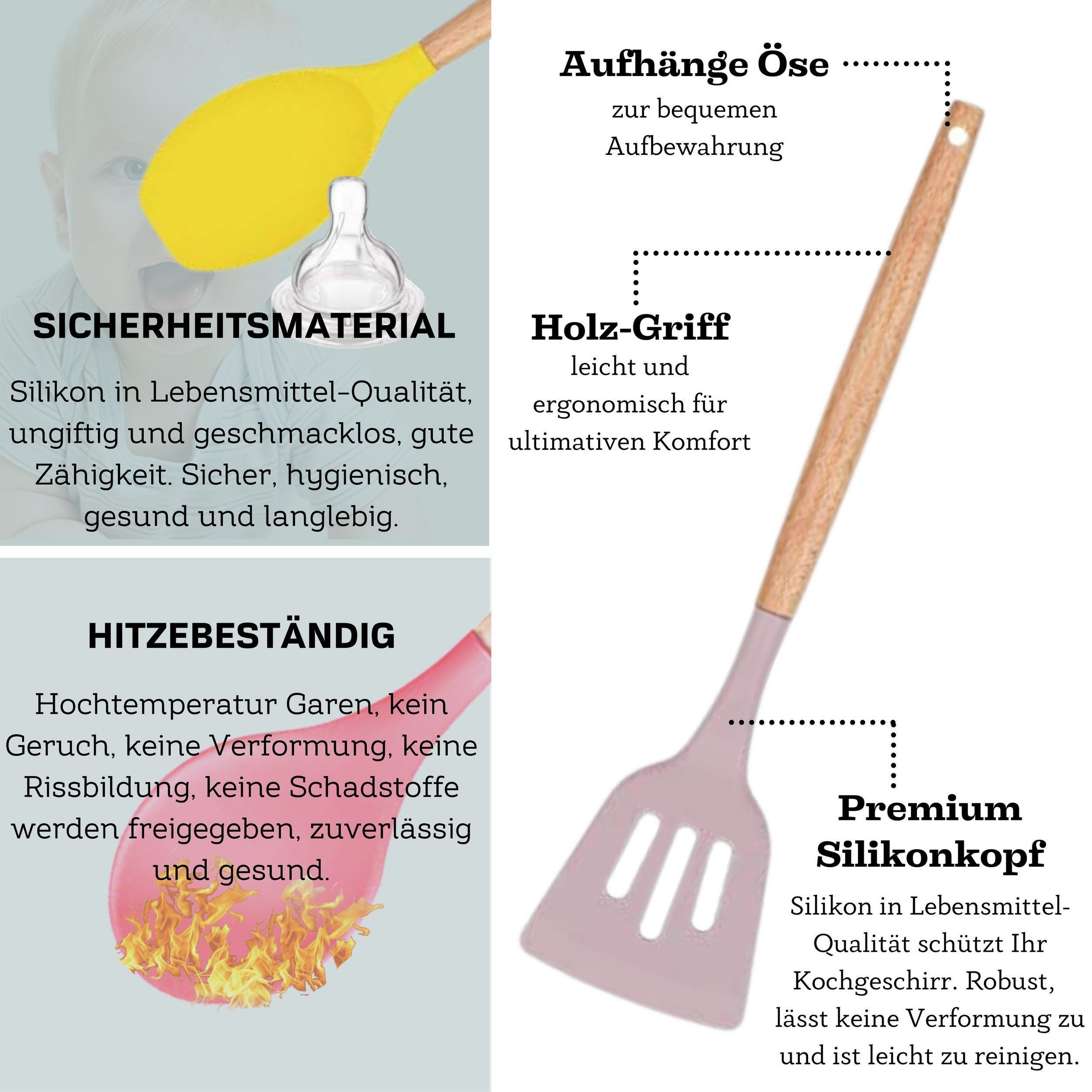 Faizee Home Kochbesteck-Set 12-teiliges Silikon-Küchenhelfer-Set mit Holzgriff (12-tlg)
