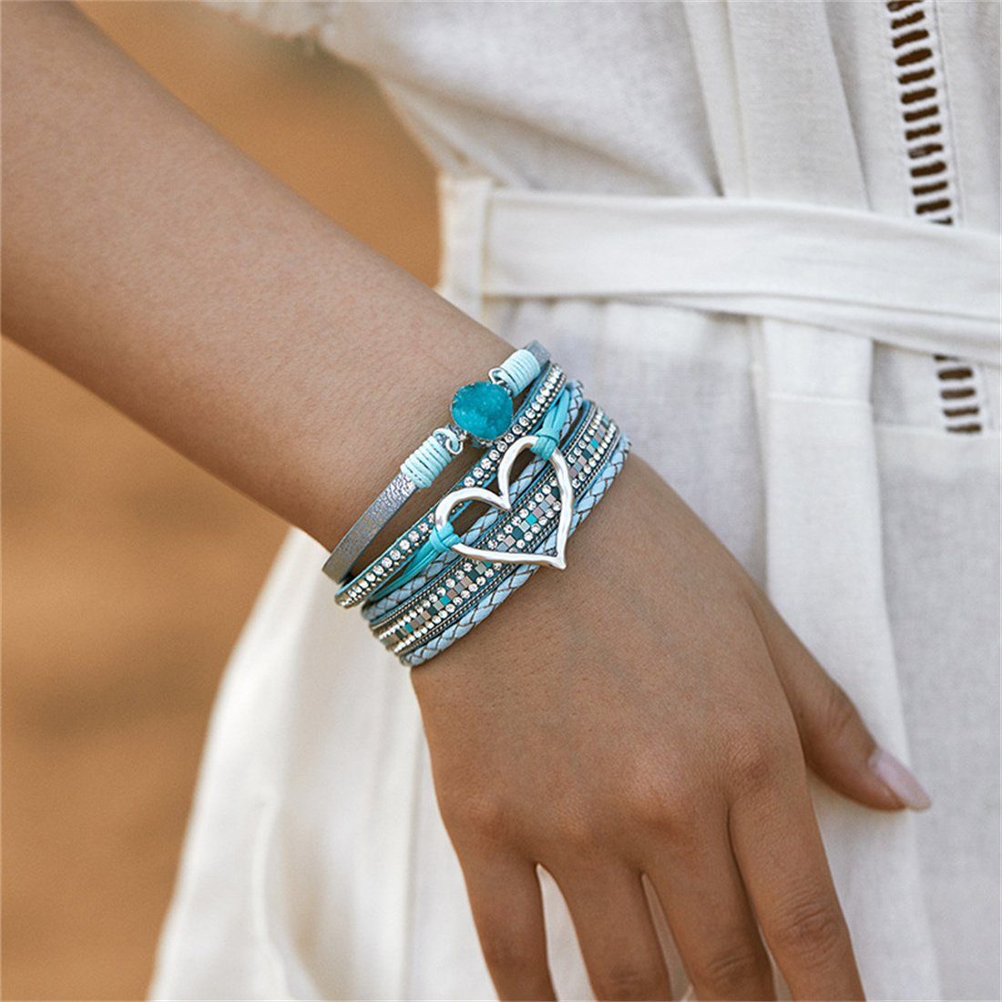 DÖRÖY Lederarmband Bohème mehrlagiges Armband mit Liebe Magnetverschluss Armband Schmuck blau