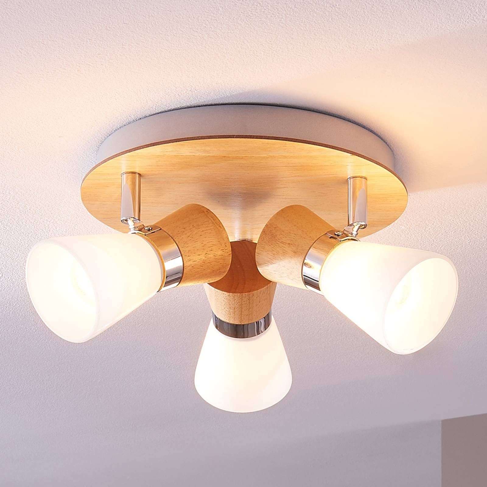 Lindby Deckenlampe Vivica, Ø 26 cm, chrom/Holz, 3-flammig günstig online kaufen