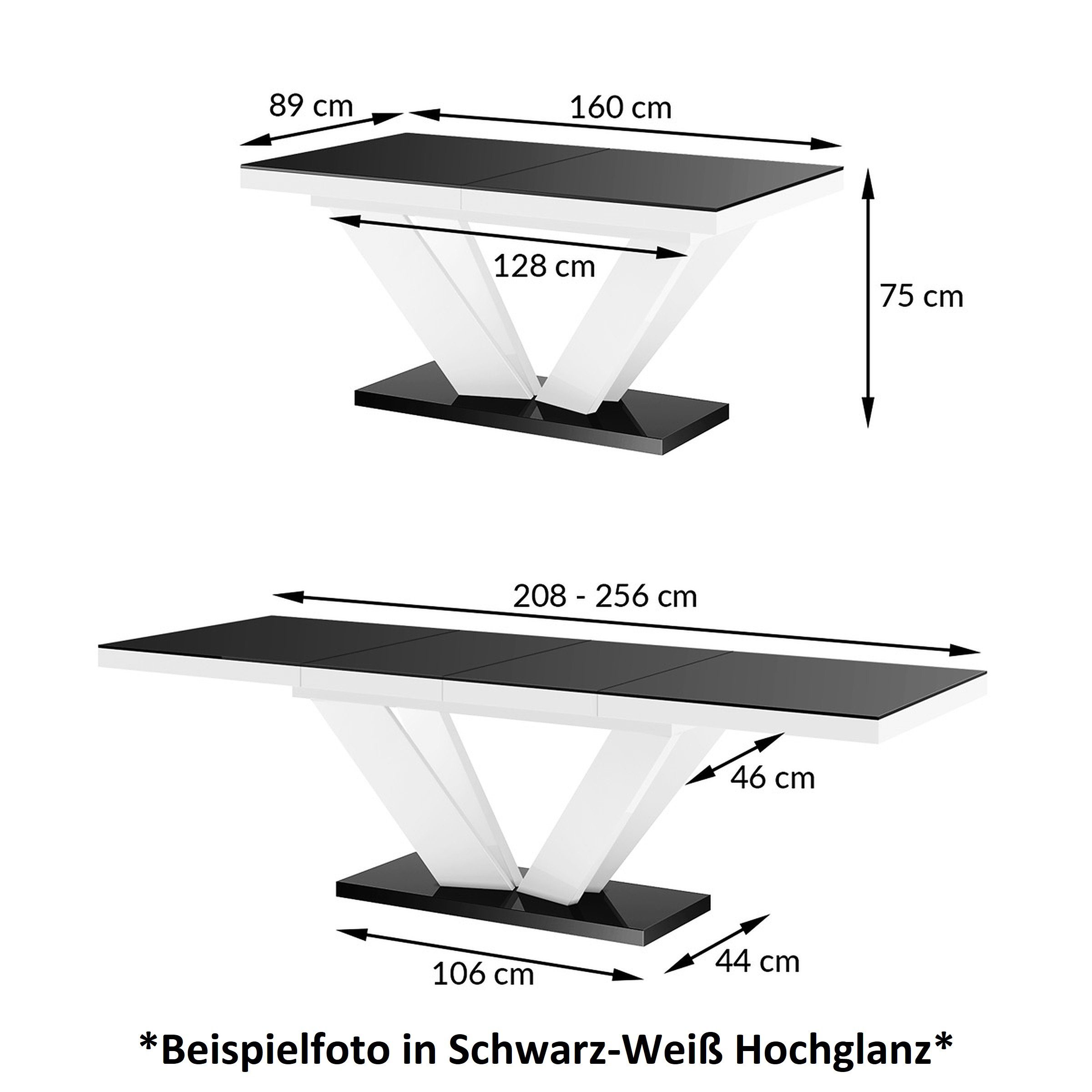 Schwarz ausziehbar Esstisch Design Hochglanz Schwarz / designimpex 256cm Weiß Weiß HEU-111 Tisch / Hochglanz bis Hochglanz 160