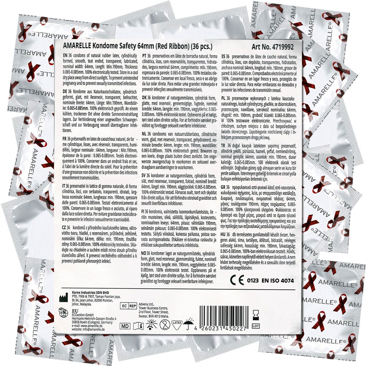 Amarelle Kondome Safety Packung mit, 36 St., 64mm (Red Ribbon) für alle Gelegenheiten, Vorratstüte