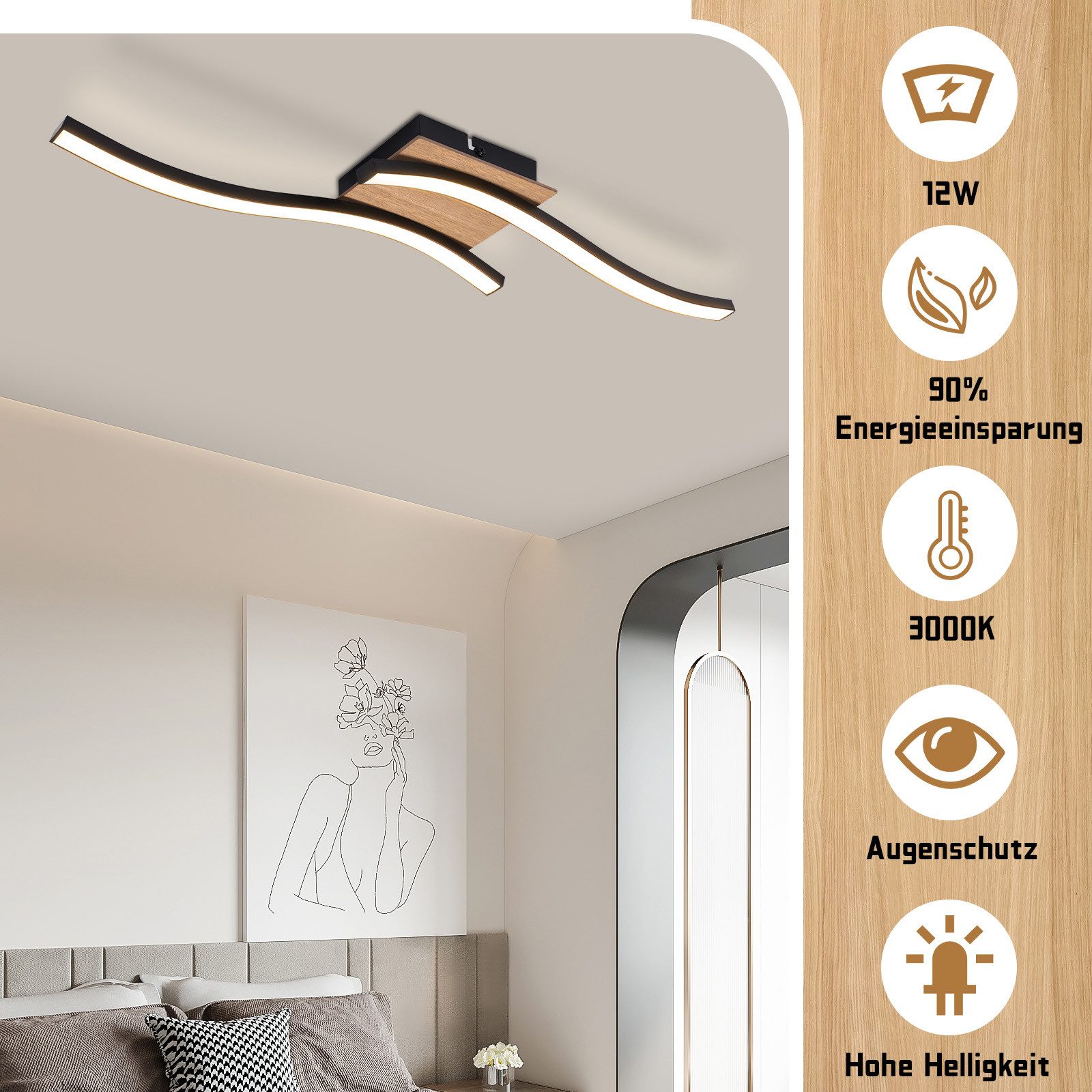 ZMH LED Deckenleuchte Wohnzimmer Holz Schwarz Wellenförmig Modern Deckenlampe Warmweiß, LED fest integriert, 3000K, Augenschutz Küchenlampe für Flur – Bild 5 von 5