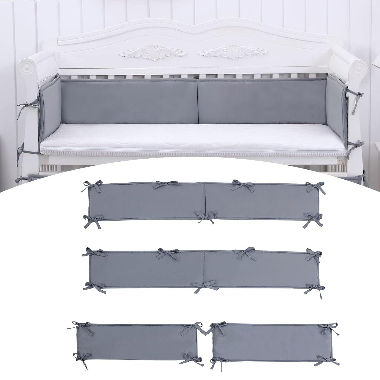 Refined Living Bettnestchen Bettumrandung 4-tlg für Kinderbett Babybett Nestchen für Kantenschutz, (Kopfschutz Gitterbett Schutz Atmungsaktive Polsterung Rausfallschutz, Abnehmbar Babybett Leitplanke Stoßstange 132*24.5cm 68.5*24.5cm), Geschenke für Neugeborene