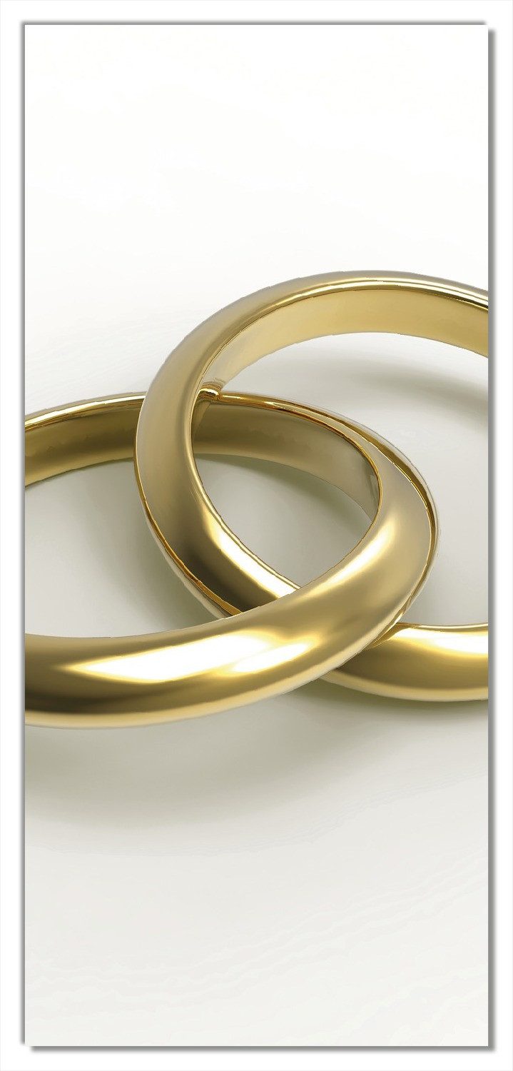 Wallario Türtapete Zwei goldene Eheringe in Nahaufnahme auf weißem Grund, glatt, ohne Struktur