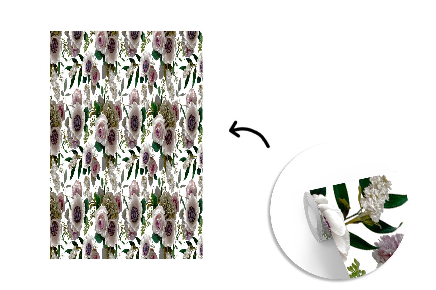 Blumen - Flora für (3 MuchoWow Fototapete Vinyl - St), Tapete Matt, bedruckt, Rosa, Montagefertig Wohnzimmer, Wandtapete