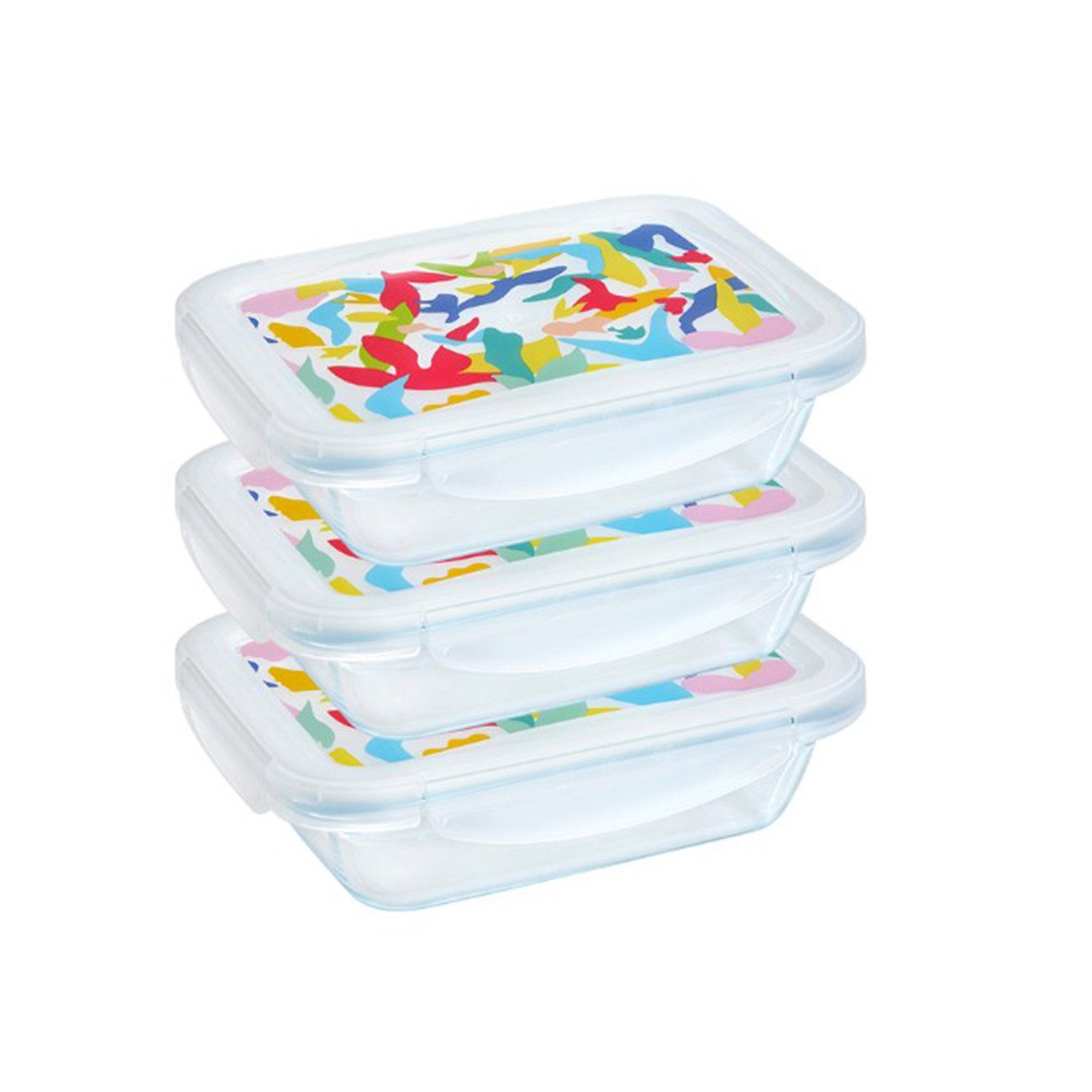PYREX Frischhaltedose Cook & Go, Borosilikatglas, (Lunchbox-Set, 3-tlg., je 0,8 l, mit Dekordeckel), luftdicht, auslaufsicher, Dekordeckel