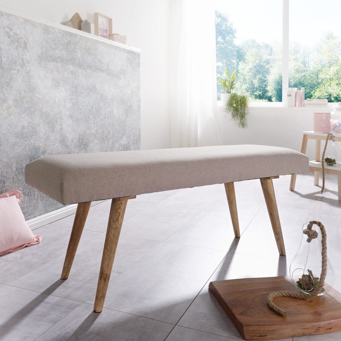 furnicato Bank Sitzbank Vollholz 117x38x51 cm Beige (1-St), Stabile Esszimmerbank mit Anti-Rutsch-Noppen für dein Wohnzimmer