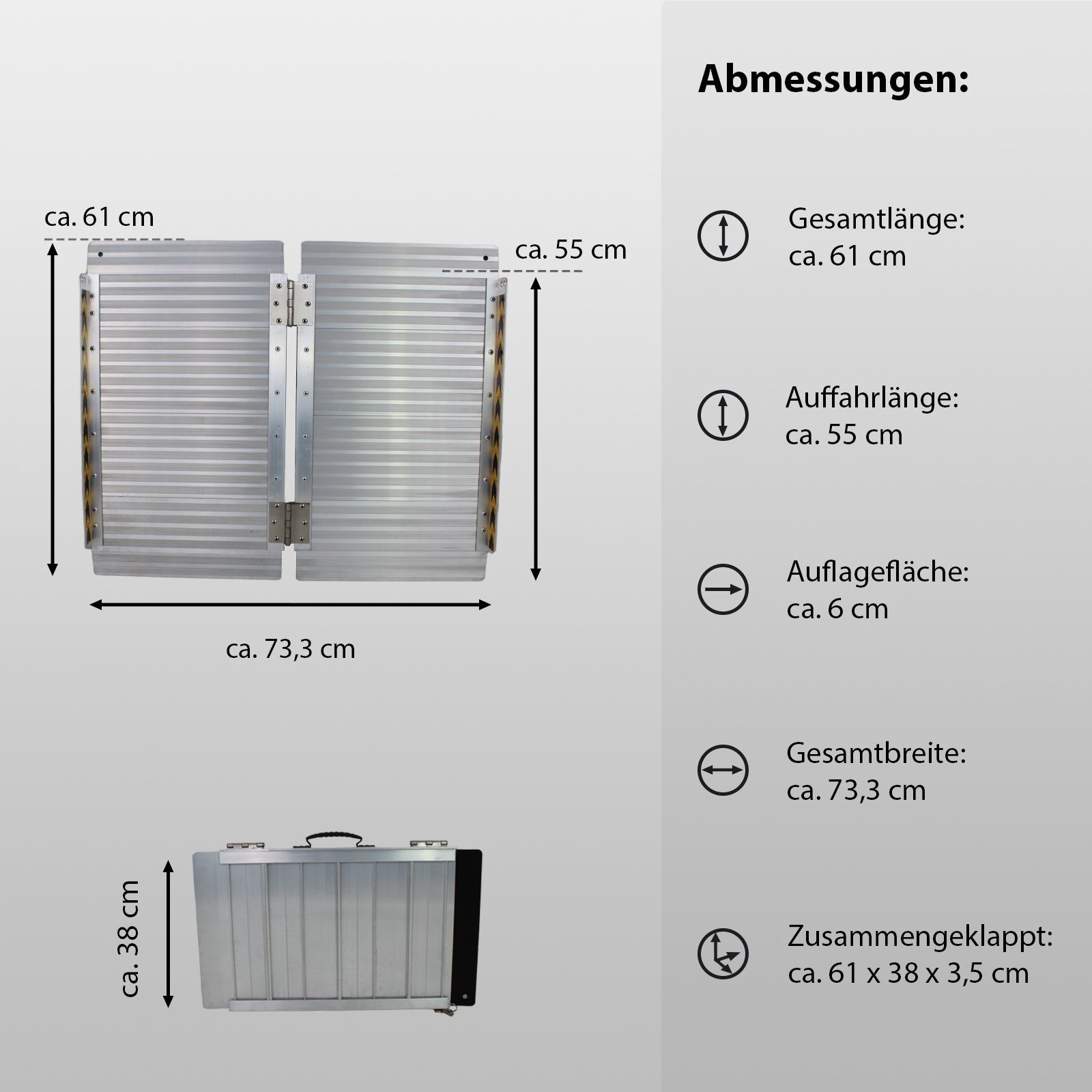 TRUTZHOLM Auffahrrampe Rollstuhlrampe klappbar 61cm Traglast 272 kg Alu grau geriffelt Rampe (1-St), Geriffelte Oberfläche, mit praktischem Tragegriff – Bild 3 von 5