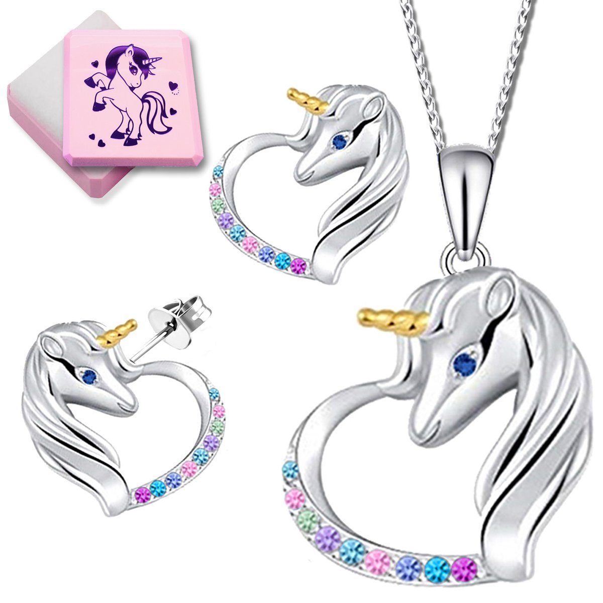 Ohrstecker mit Herz, Schmuckset Limana Kinder Sterling Ohrringe Mädchen Einhorn Pferde Kette Silber Anhänger 925 Halskette echt