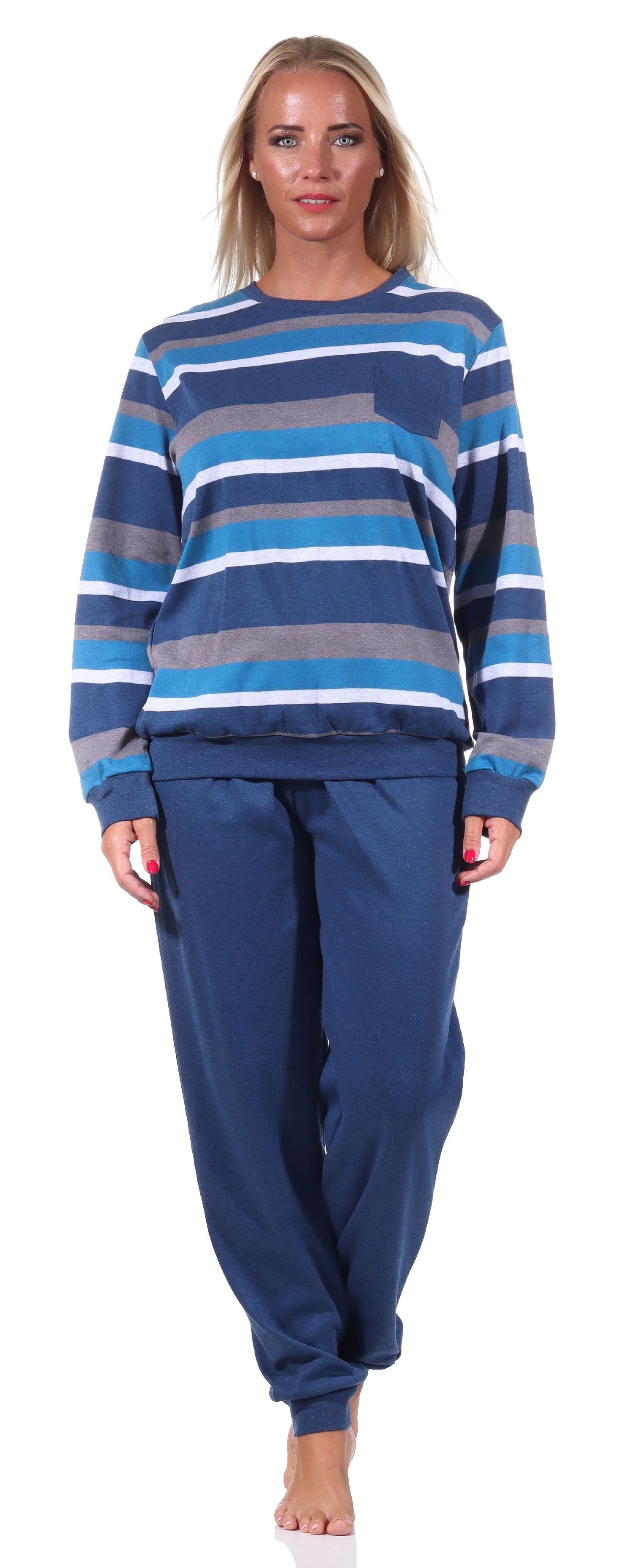 Qualität Streifen Bündchen Optik Normann Interlock in mit warmer Pyjama Damen blau Pyjama