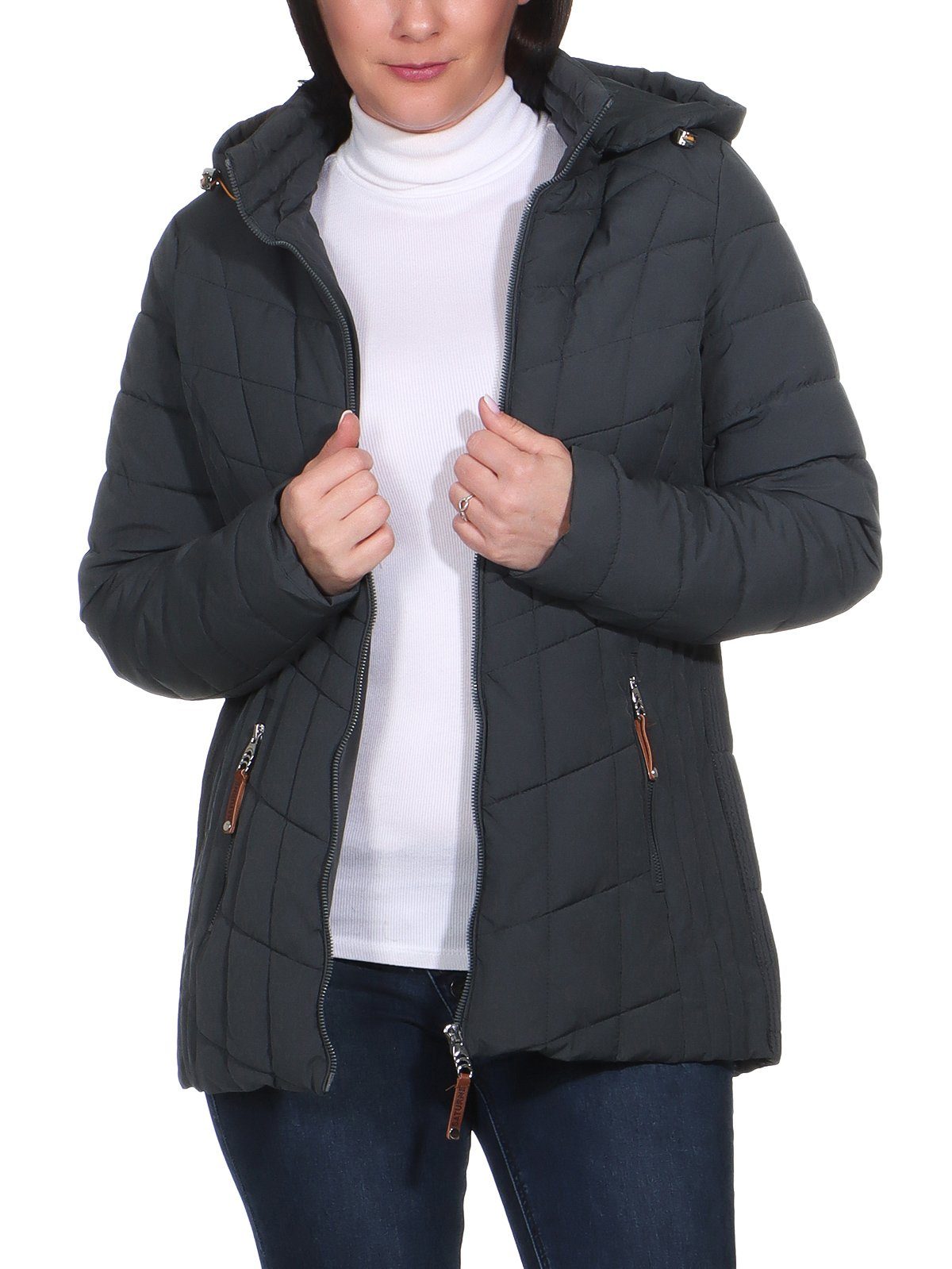 Aurela Damenmode Winterjacke Kuschelige Steppjacke Damen gefüttert für warm mit mit erhältlich, Kapuze, mit (1-St) auch Größen großen Blau-Grau in Innenfell Teddyfell