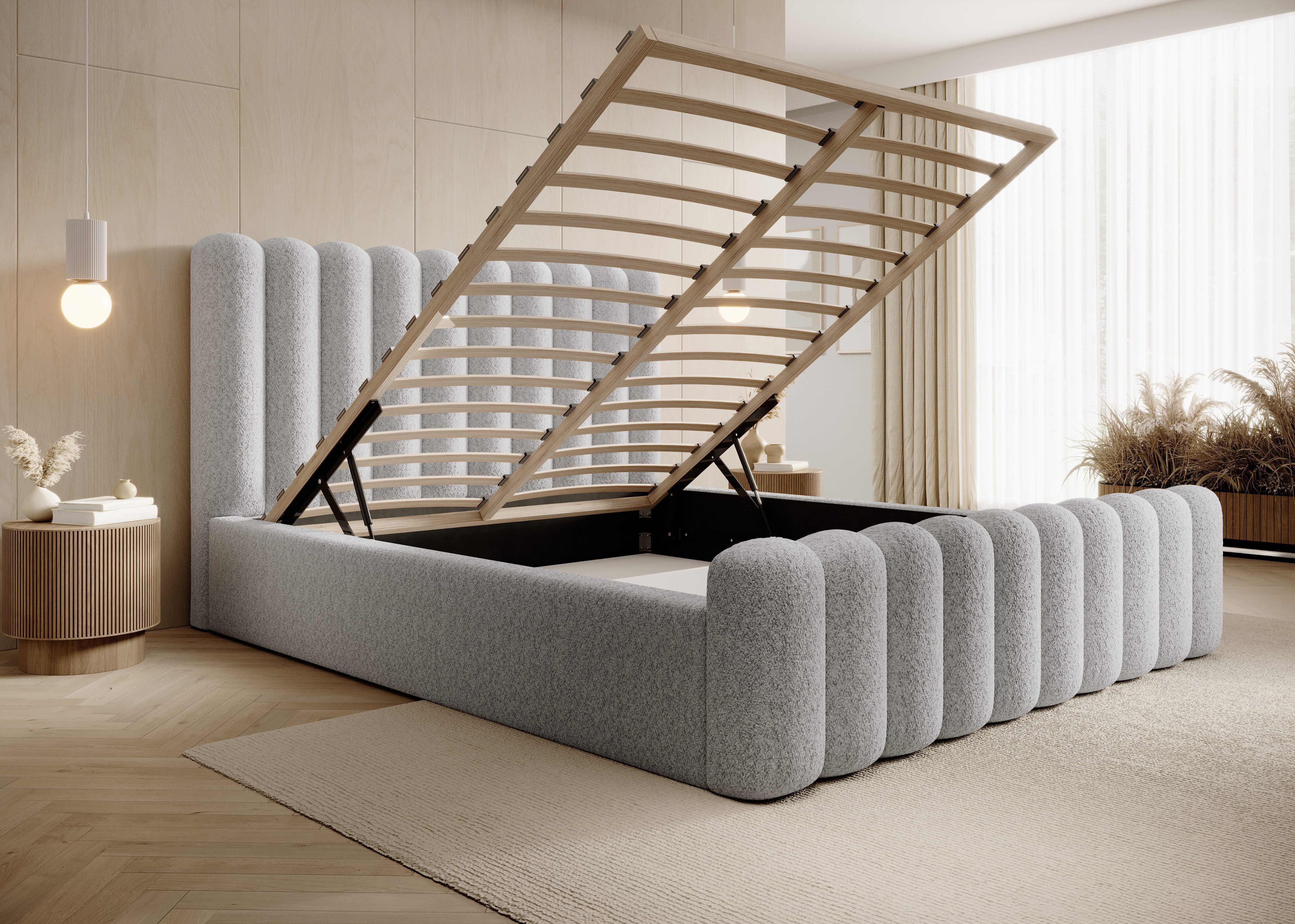Goldstoff Polsterbett JENNY - Hydraulisches Stauraumbett - Designerbett - Wolkenbett (Doppelbett mit Bettkasten und Lattenrost, Bett verfügbar in 4 Größen: 140x200 160x200 180x200 200x200cm), mit gepolstertem Kopfteil