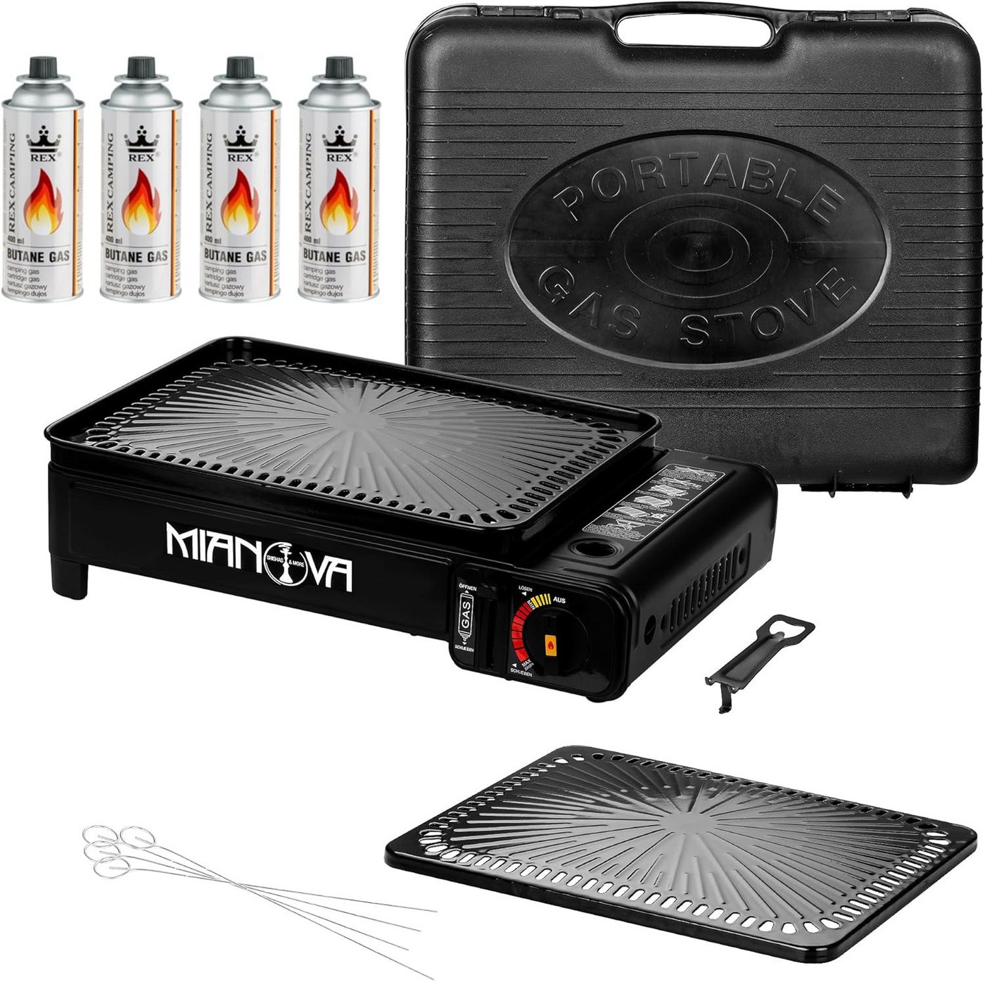 Mianova Camping-Gasgrill 2in1 Campinggrill Campingkocher Tischgrill Grillplatte 4 Gaskartuschen, Gasgrill für Camping Angeln Zelten - Ideal zum Grillen - Geliefert im Tragekoffer, Mobiler Campinggrill mit Piezozündung und praktischem Komplettset