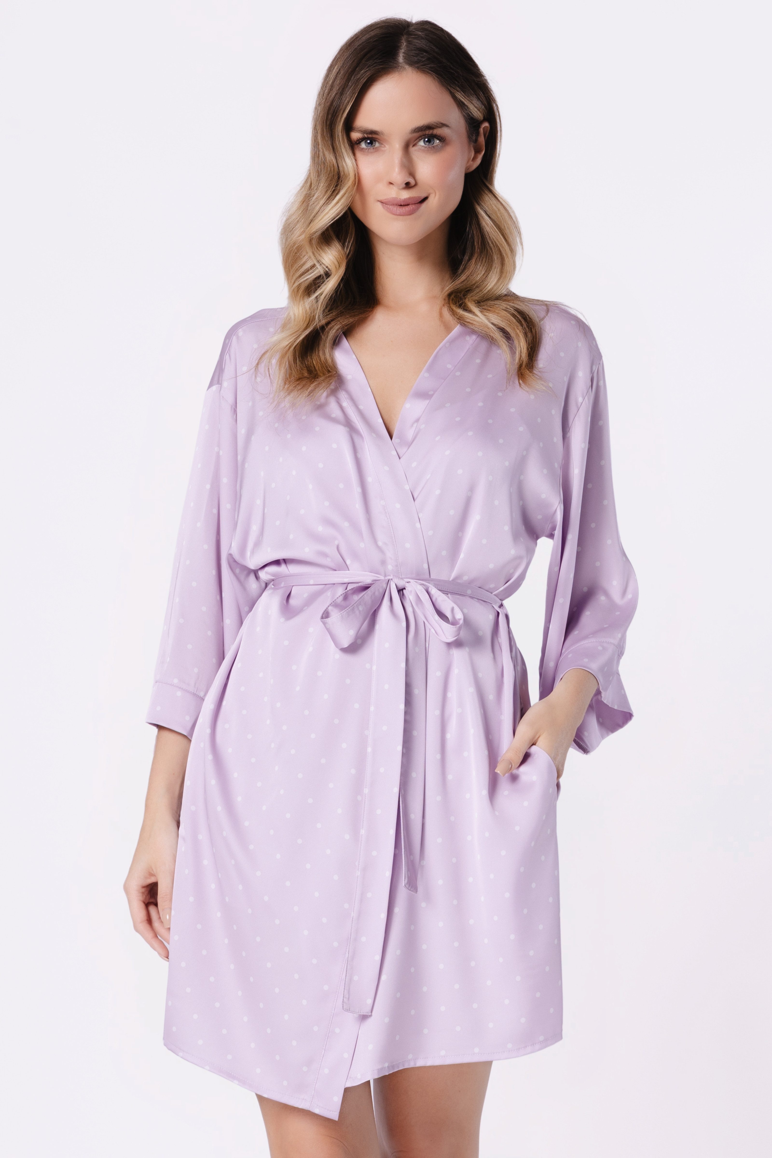 COOLISMO NIGHTWEAR Morgenmantel Damen Kimono aus Satin, Satin, Schalkragen, Bindesgürtel, in Powder-Lavendel mit Bindegürtel