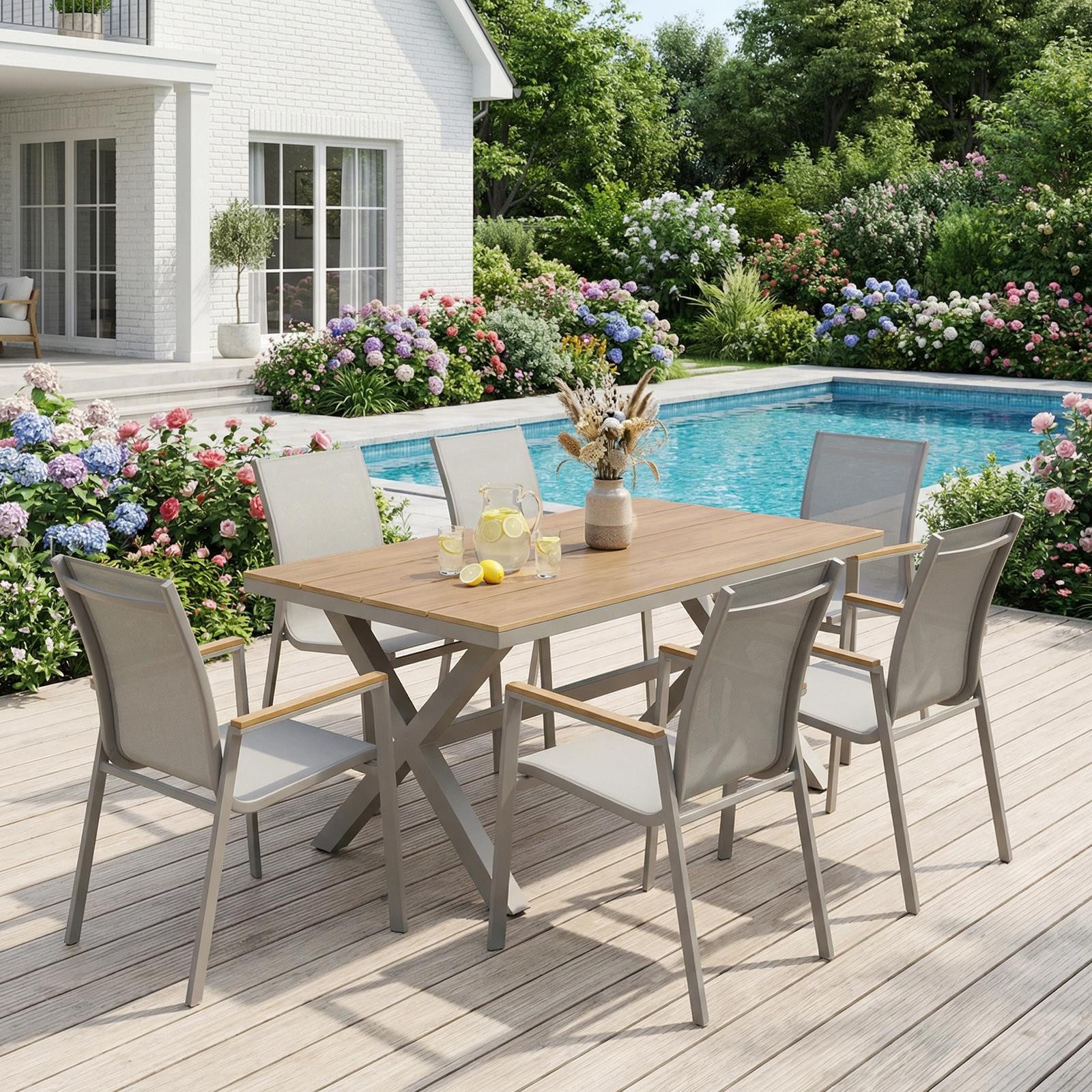 IDIMEX Garten-Essgruppe WINDY, (7-tlg), Gartenmöbel Set 6 Personen aus Alu und WPC wetterfest Kaschmir