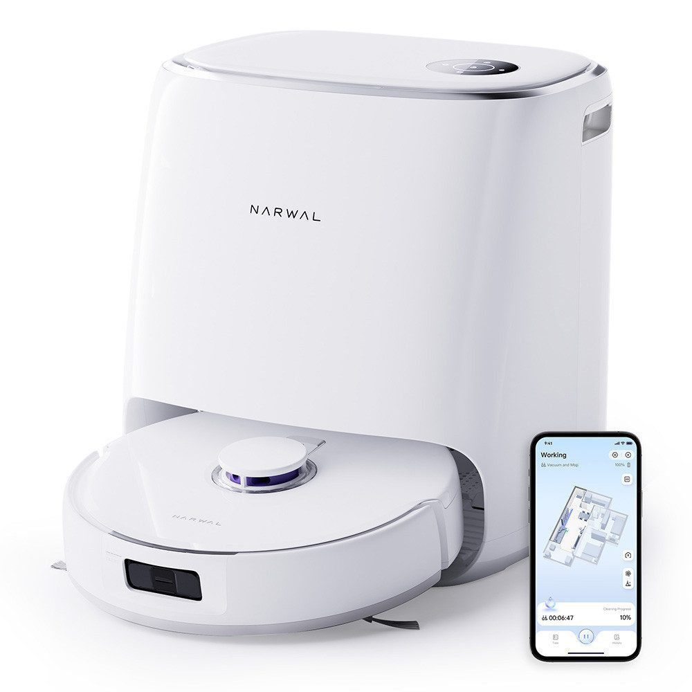 Narwal Saugroboter Freo X Ultra Wischroboter + Reinigungskonzentrat, 65 W, Schwimmende Bürste ohne Verheddern, Sprachassistent: Google Alexa Siri