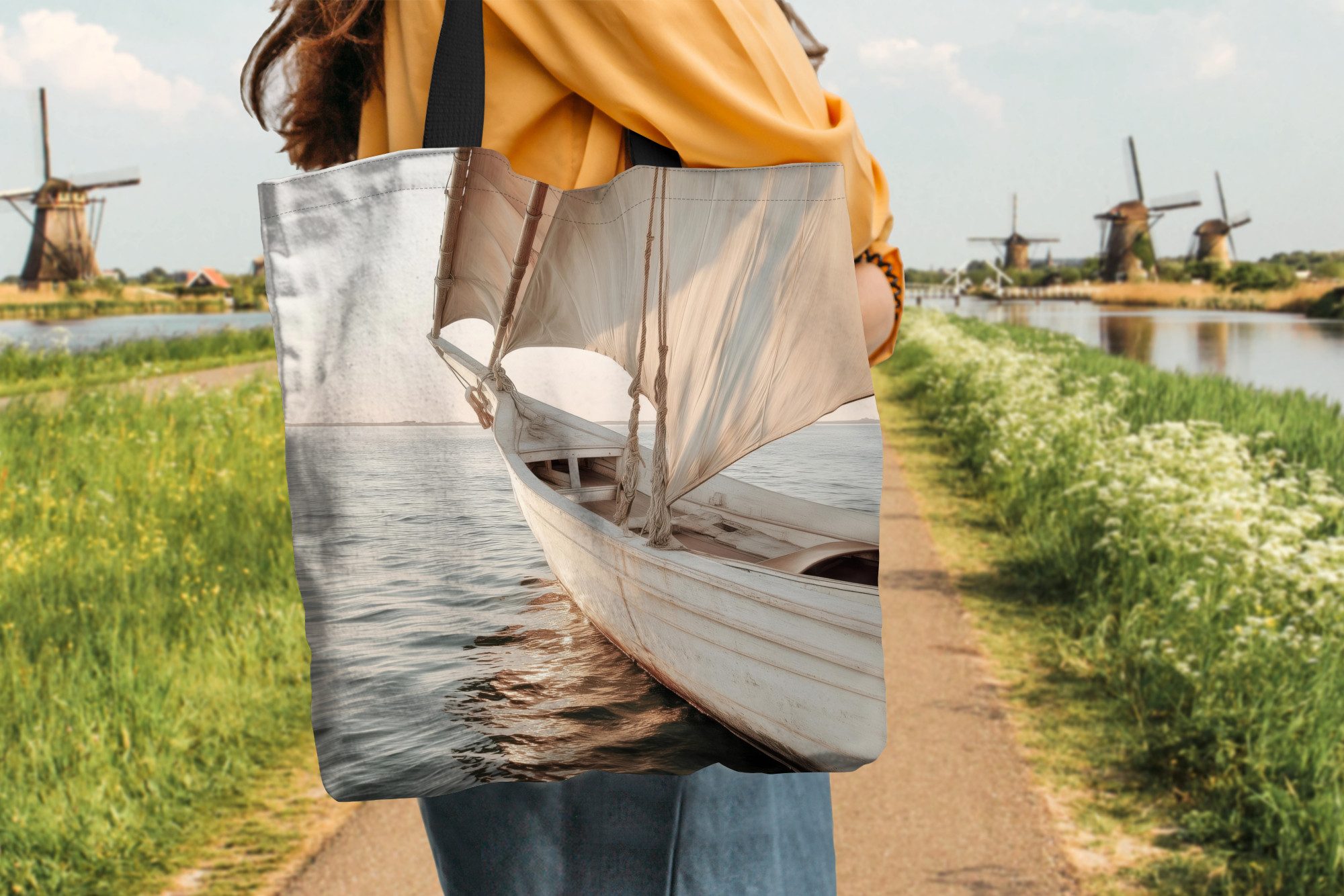 MuchoWow Shopper Segelboot - Meer - Beige - Sonne, Handtasche, Damen und Herren, Schultertasche, Umhängetasche, Tote Bag