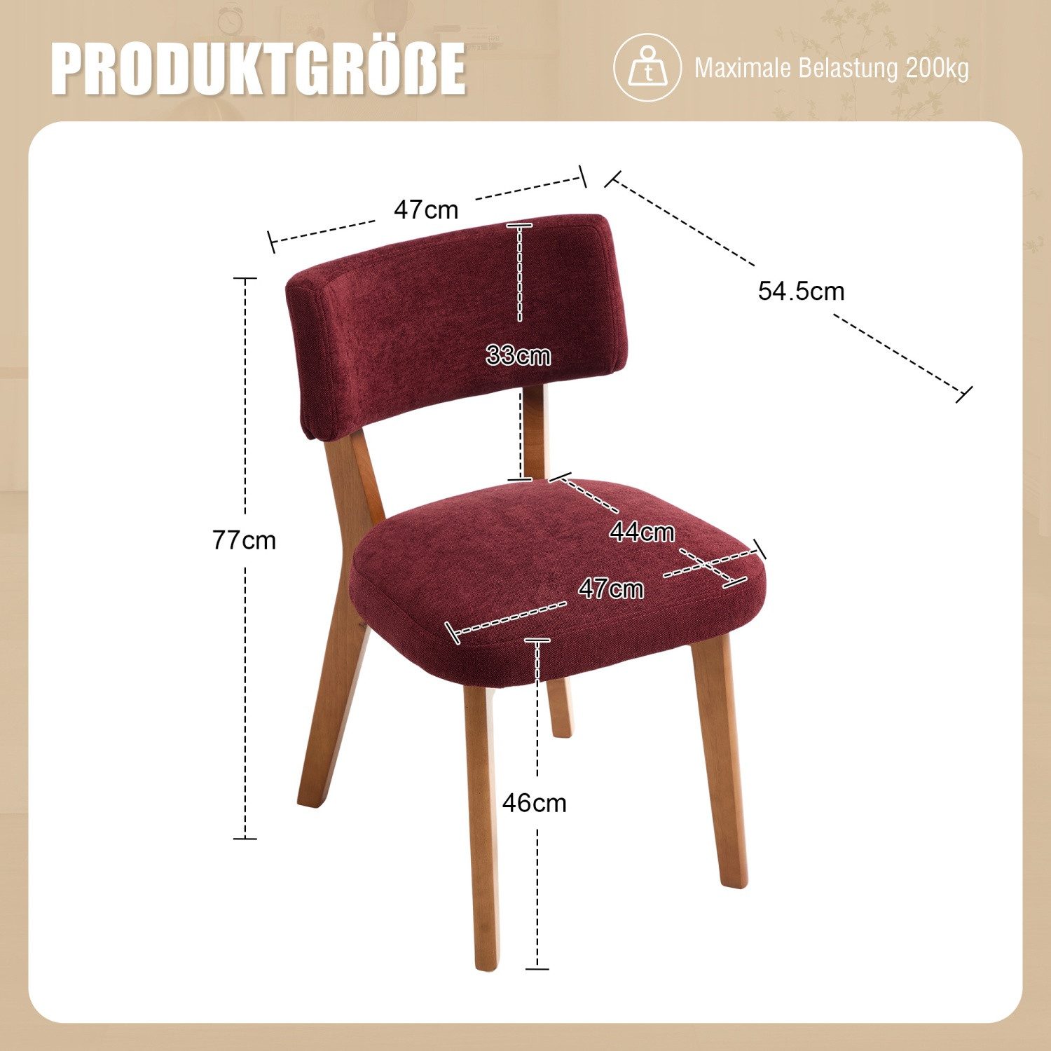 ANYSUN Esszimmerstuhl 2er Set mit gepolstertem Sitz & Holzbeinen., 77cm hoch, mit gepolsterter Rückenlehne, bis 200 kg belastbar – Bild 4 von 5