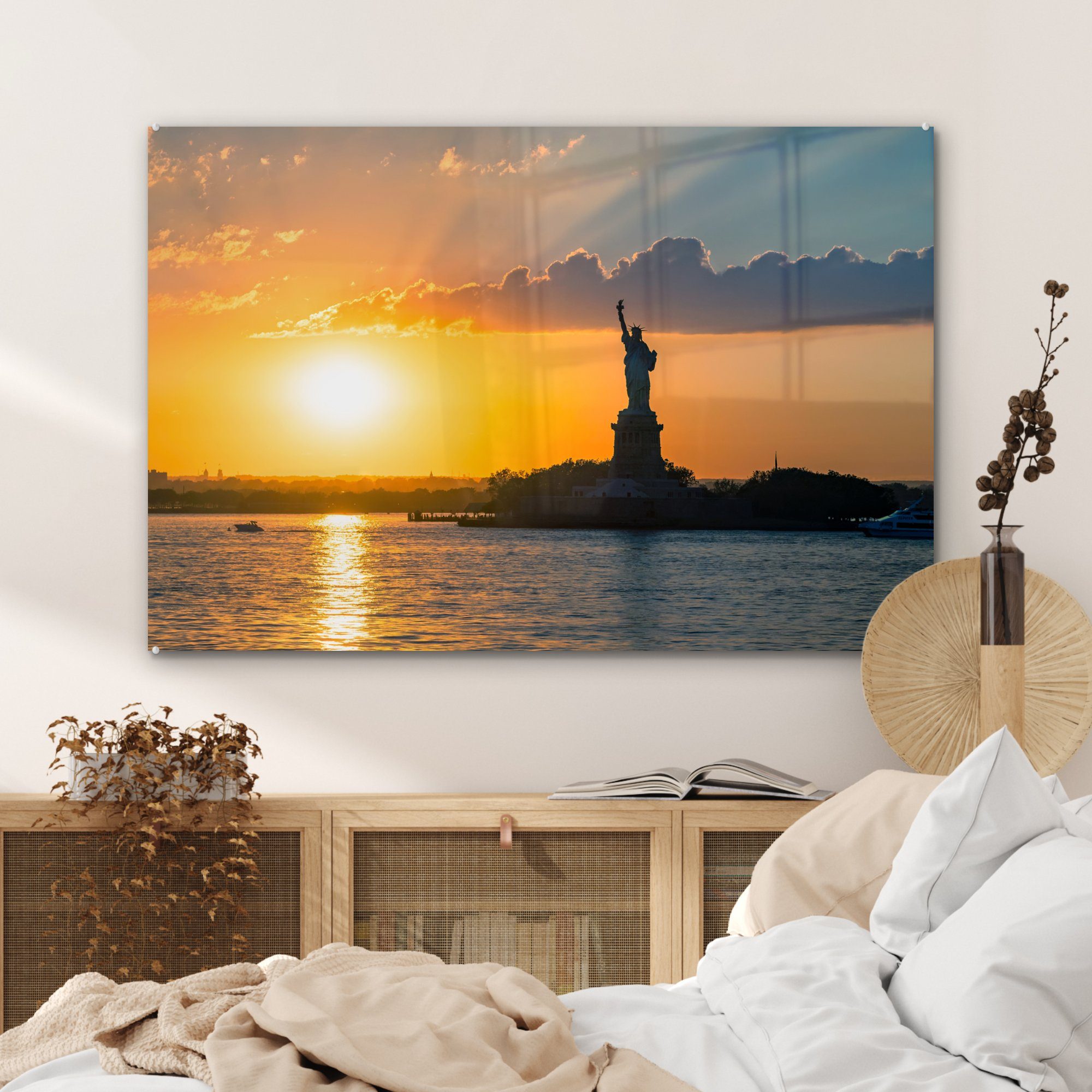 & River Freiheitsstatue Wohnzimmer New und bei Hudson Schlafzimmer St), in Acrylglasbild Sonnenuntergang, (1 MuchoWow Acrylglasbilder York