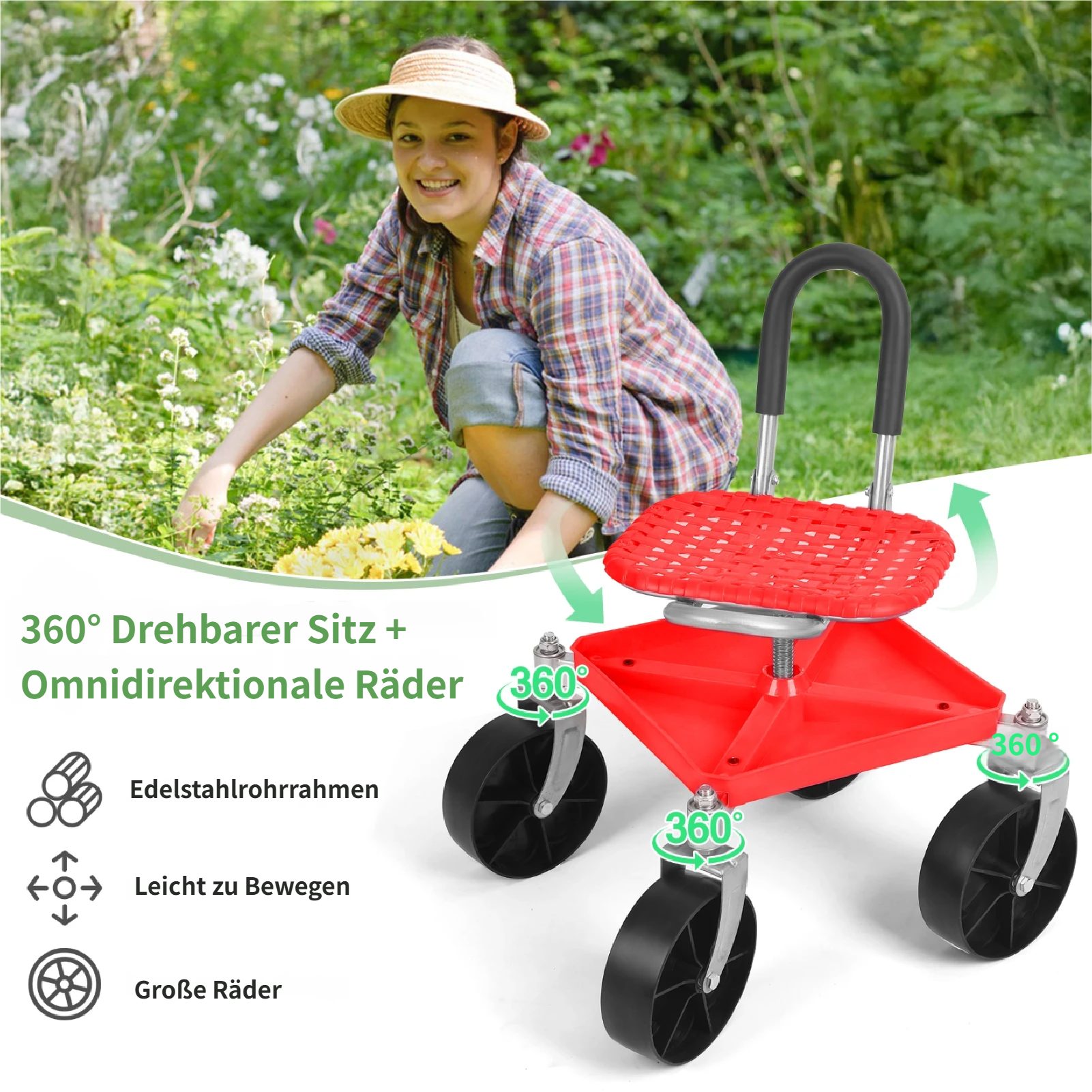Rutaqian Rollsitz Fahrbarer Gartensitz mit Stauraum,Höhenverstellbar 51-61cm, (1 x Fahrbarer Rollsitz 1 x Schraubenschlüssel), 360° Drehbare Schwenkbarer Garten – Bild 4 von 5