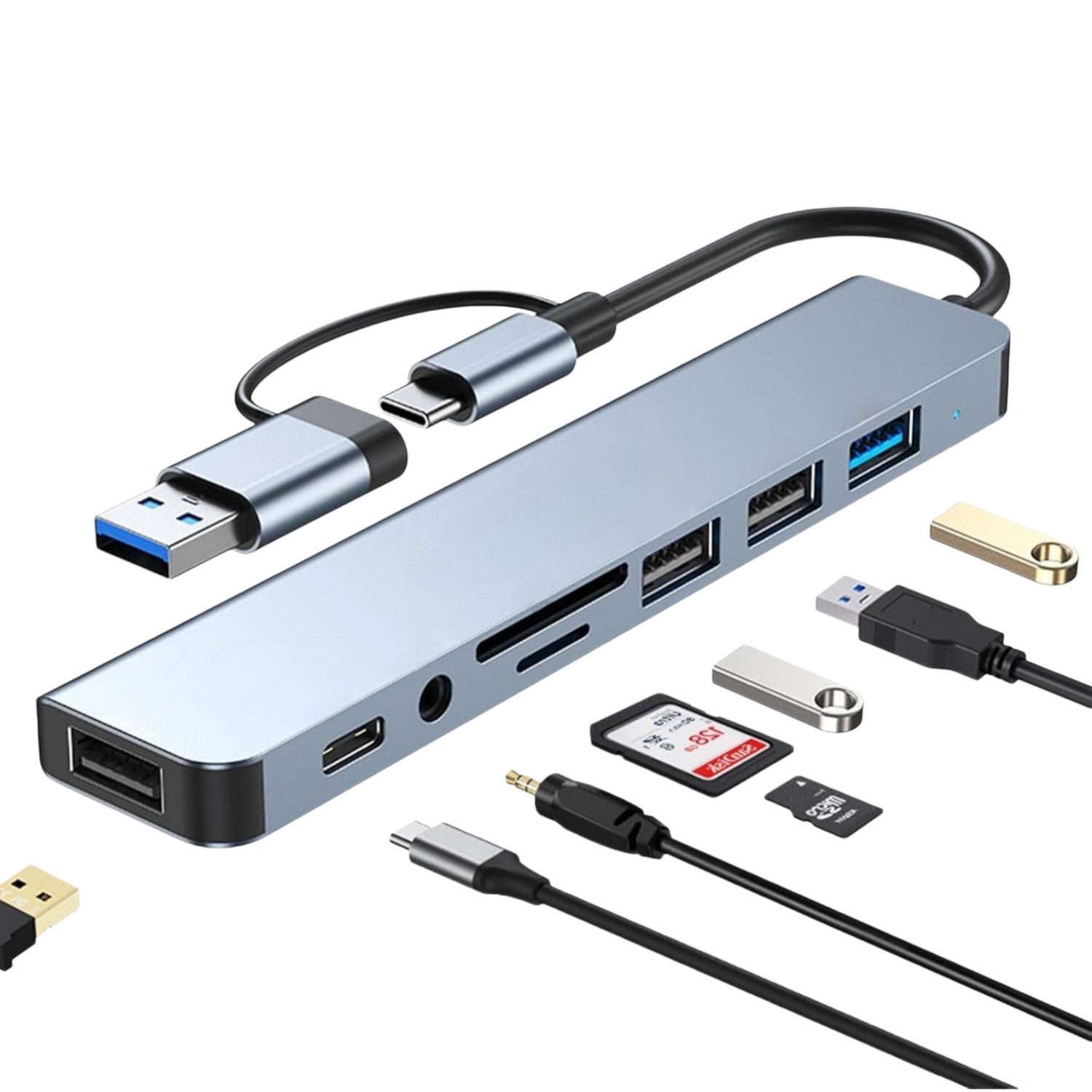 Vornix USB C Hub, 8 in 1 USB Hub USB-Adapter 3.0 Multiport Adapter mit 1*USB 3.0 mit 5 Gbit/s zu 3*USB 2.0, 1*USB-C, 3.5mm Audio, SD/TF Kartenleser