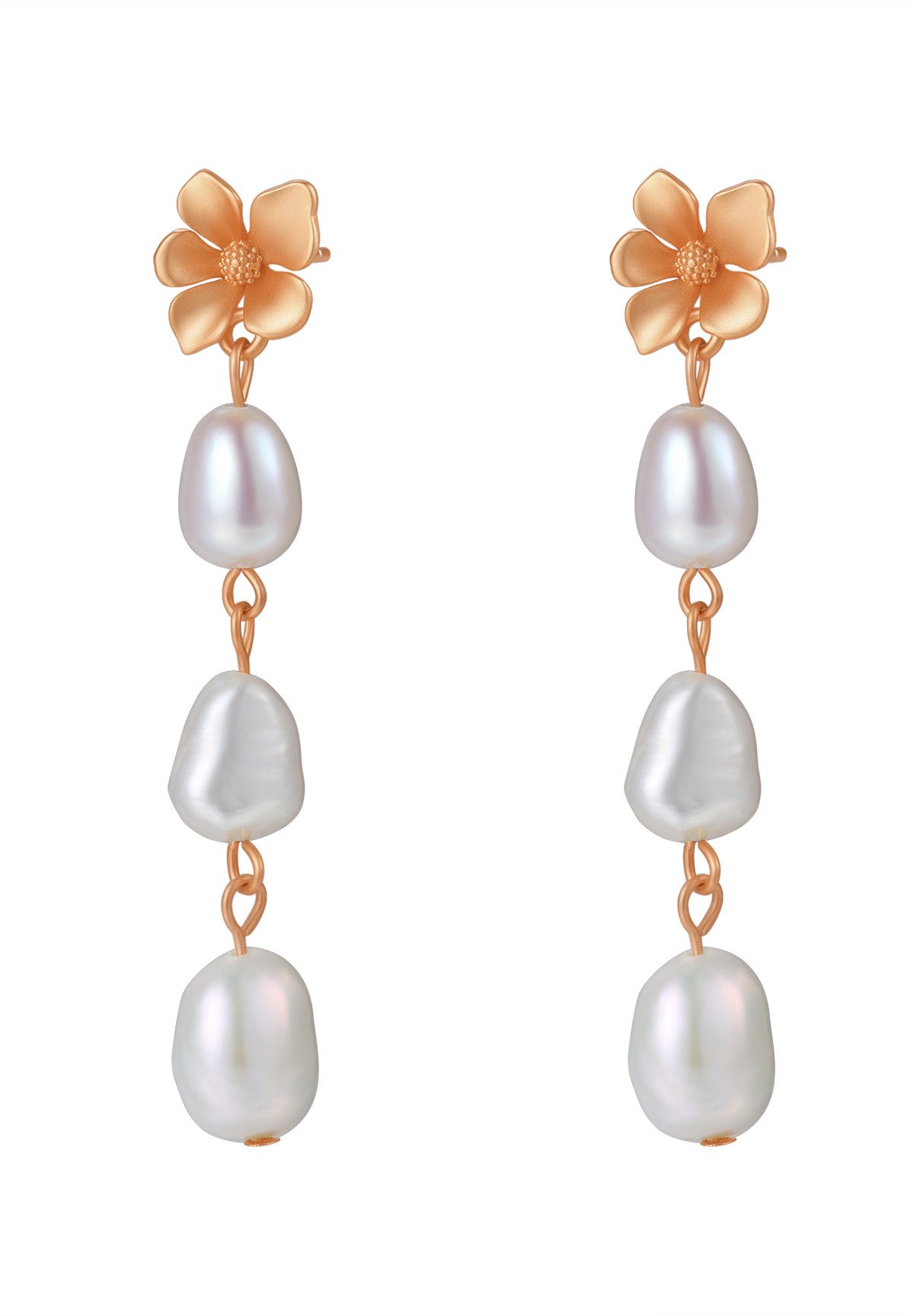 Hey Happiness Paar Ohrhänger Blume und Perlen, Tropfenohrstecker weiße Süßwasserperlen, Brautschmuck 925 Silber Damenohrringe, Roségold Gold vergoldet