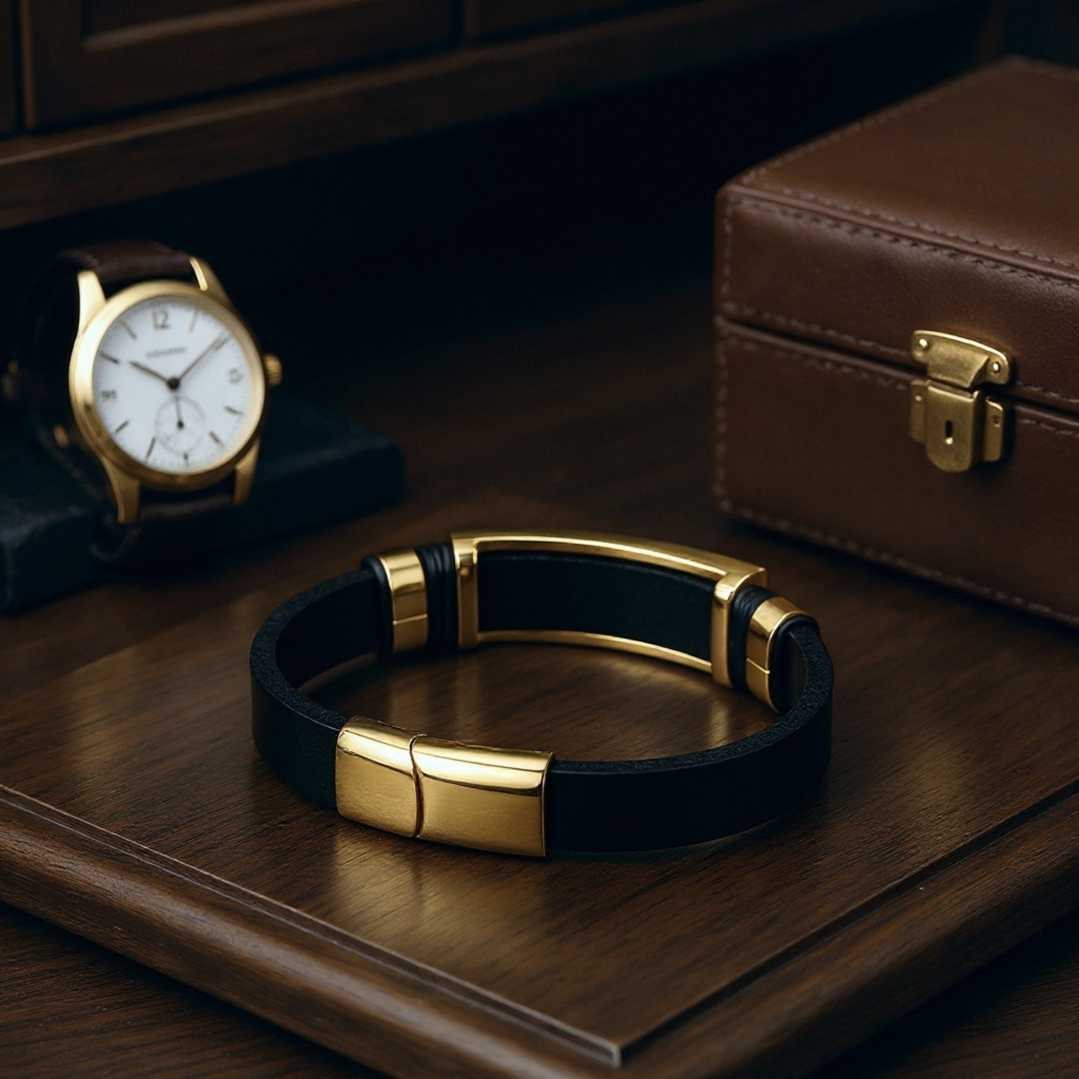 UNIQAL.de Lederarmband TOTEM Masonic Freimaurer – Echtleder & Edelstahl in Gold oder Schwarz (Herren Accessoire, Geschenkidee, Handarbeit, Symbolschmuck, Unisex), Hochwertig verarbeitet