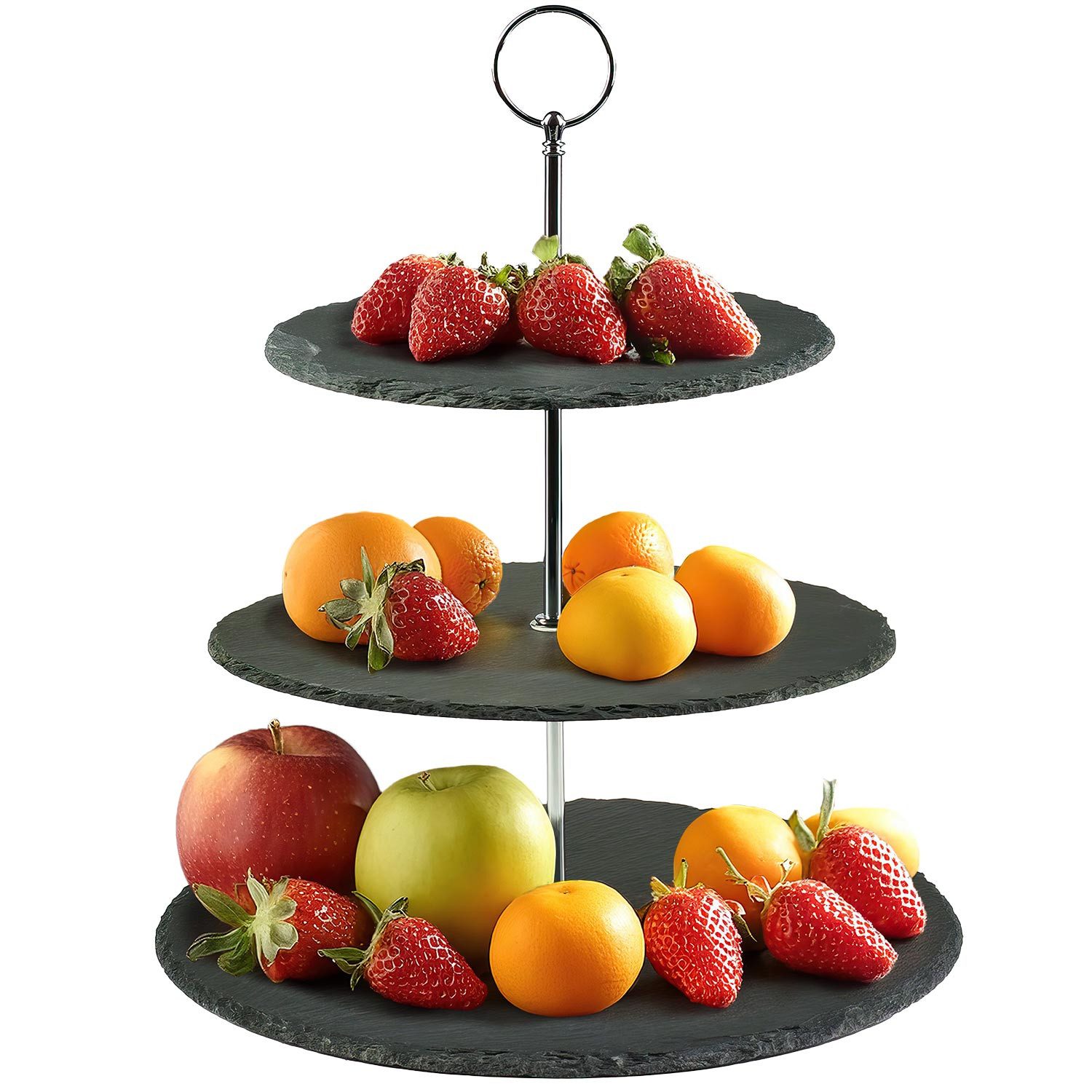 Dimono Etagere Deluxe Servier-Ständer, Schiefer Naturstein, (3-Etagen Servierschalen, Obst- & Gemüseschale), Servierschalen für Desserts, Obst, Gemüse, Süßes uvm.