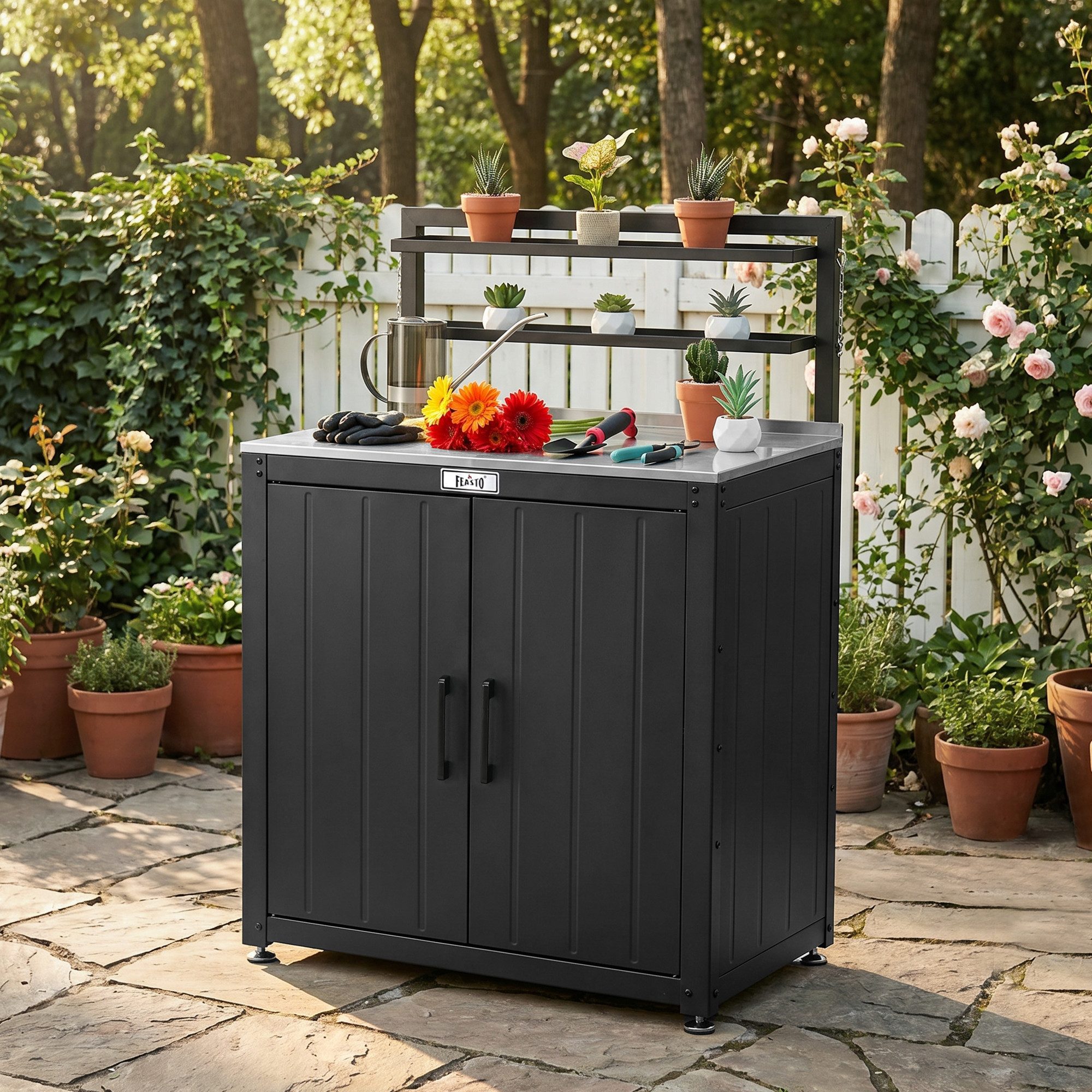 Feasto Servierwagen Wetterfester Gartenschrank mit Edelstahl-Arbeitsfläche 80x48x113 cm, klappbares Oberregal, verstellbare Standfüße, großer Gartenstauraum