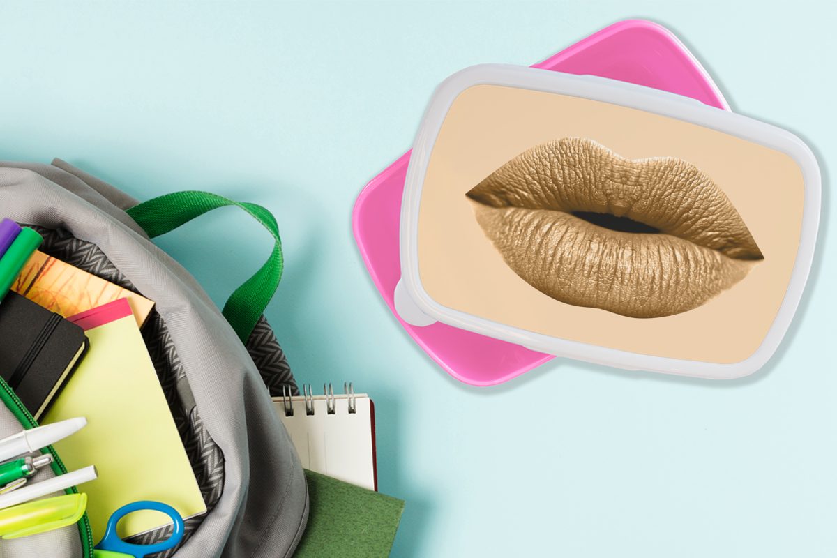 Mädchen, Kinder, für Brotdose MuchoWow Brotbox Braun, - - Lippen (2-tlg), Snackbox, Erwachsene, Lunchbox rosa Kunststoff Pastell Kunststoff,