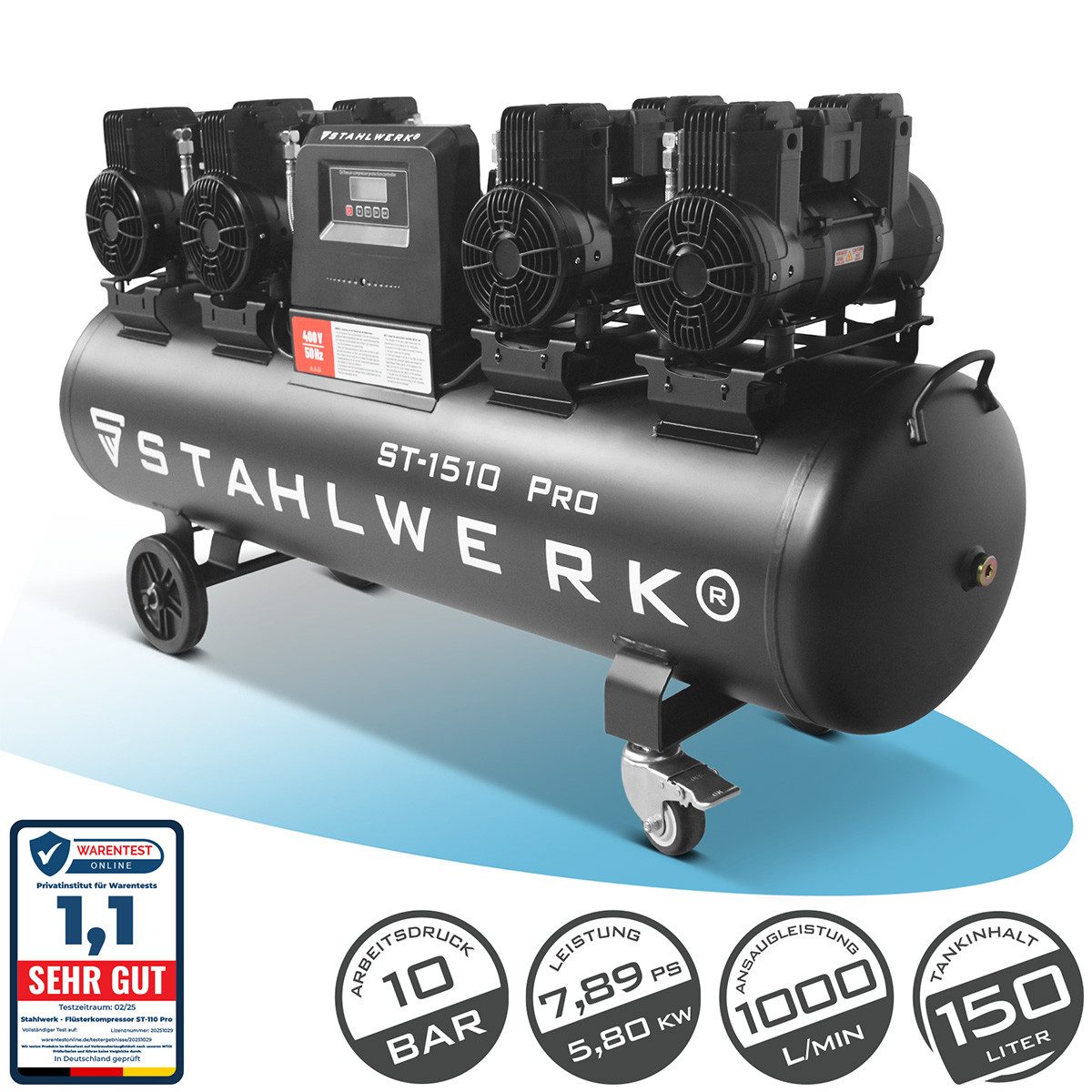 STAHLWERK Kompressor Kompressor 10 bar 150 L 7,89 PS 5,80 kW 1000 l/min Druckluftkompressor, 150 l, 1-tlg.