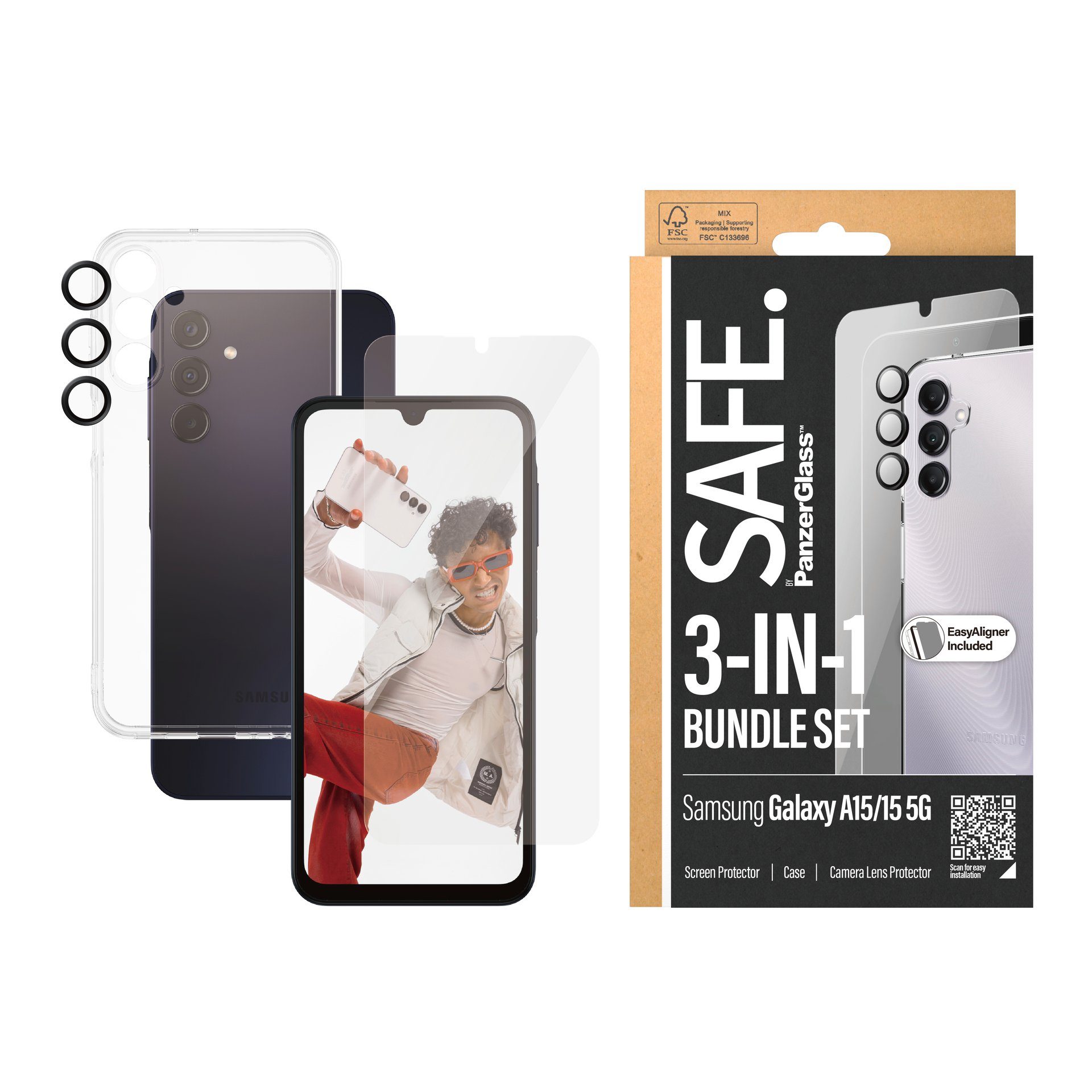 SAFE by PanzerGlass Displayschutzglas 3-in-1 Bundle Set Screen Protector, Case und Camera Lens Protector für Samsung Galaxy A15, Samsung Galaxy A15 5G, Bildschirmschutz, Kameraschutz, Backcover, Rundumschutz, 360 Grad