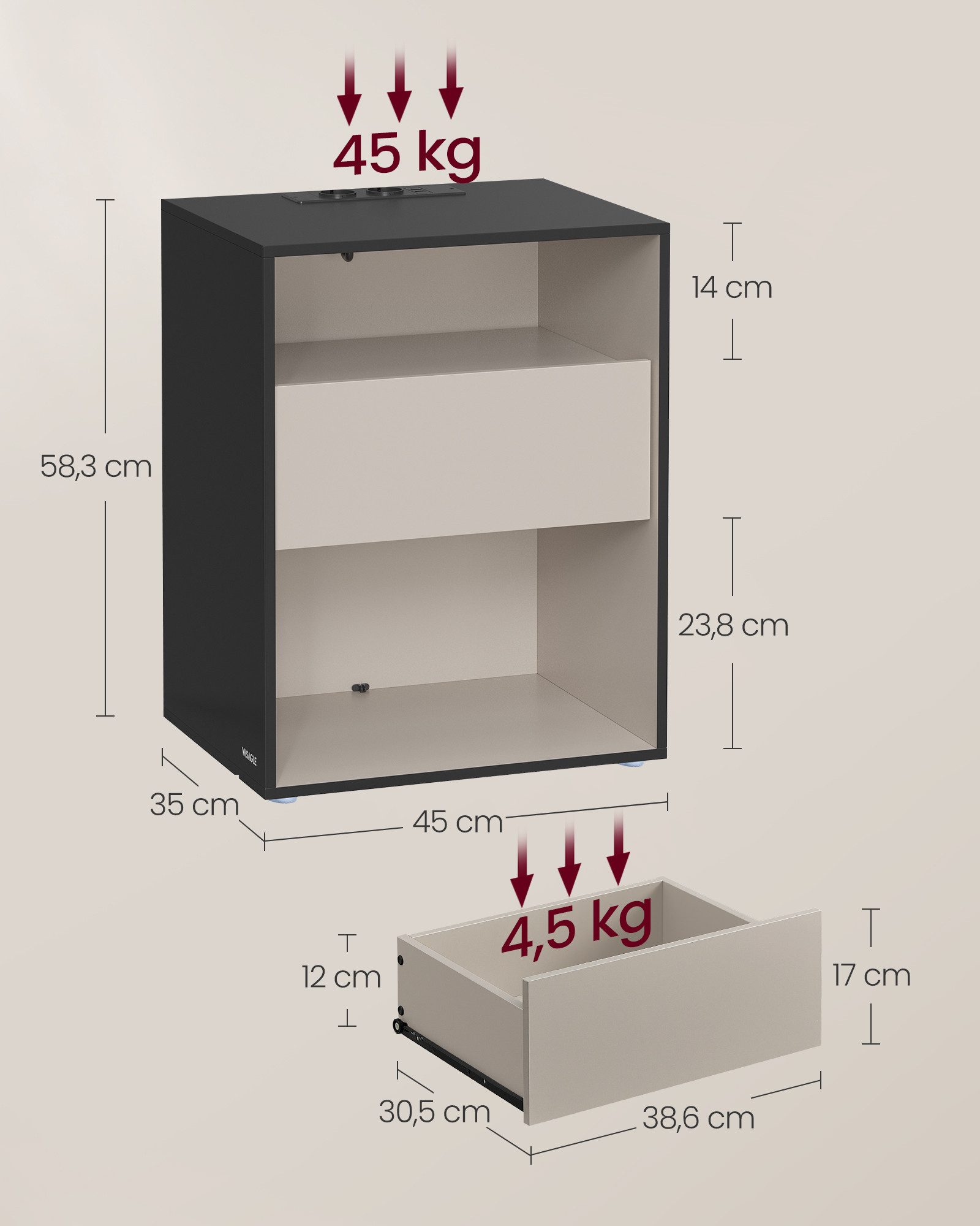 VASAGLE Nachttisch mit Ladefunktion, Toolless-Technologie, Beistelltisch mit Schublade (1-St), Nachttisch werkzeuglos Montage 1 er/2er Set