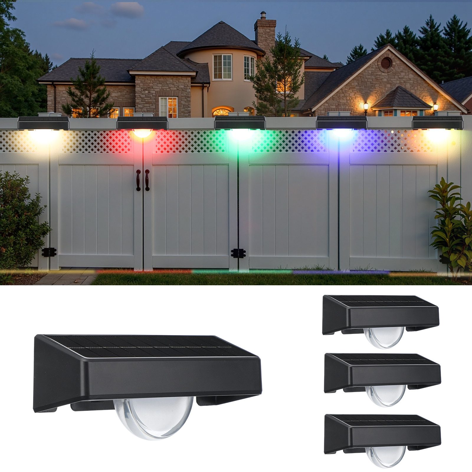 WILGOON LED Solarleuchte 4 Stück Solarlampen für Außen Garten, RGB Solarleuchte Zaunlichter, LED fest integriert, Kaltweiß, Warmweiß, RGB, RGB Led Solar Gartenleuchten für Terrasse, Stufen, Terrasse, Zaun