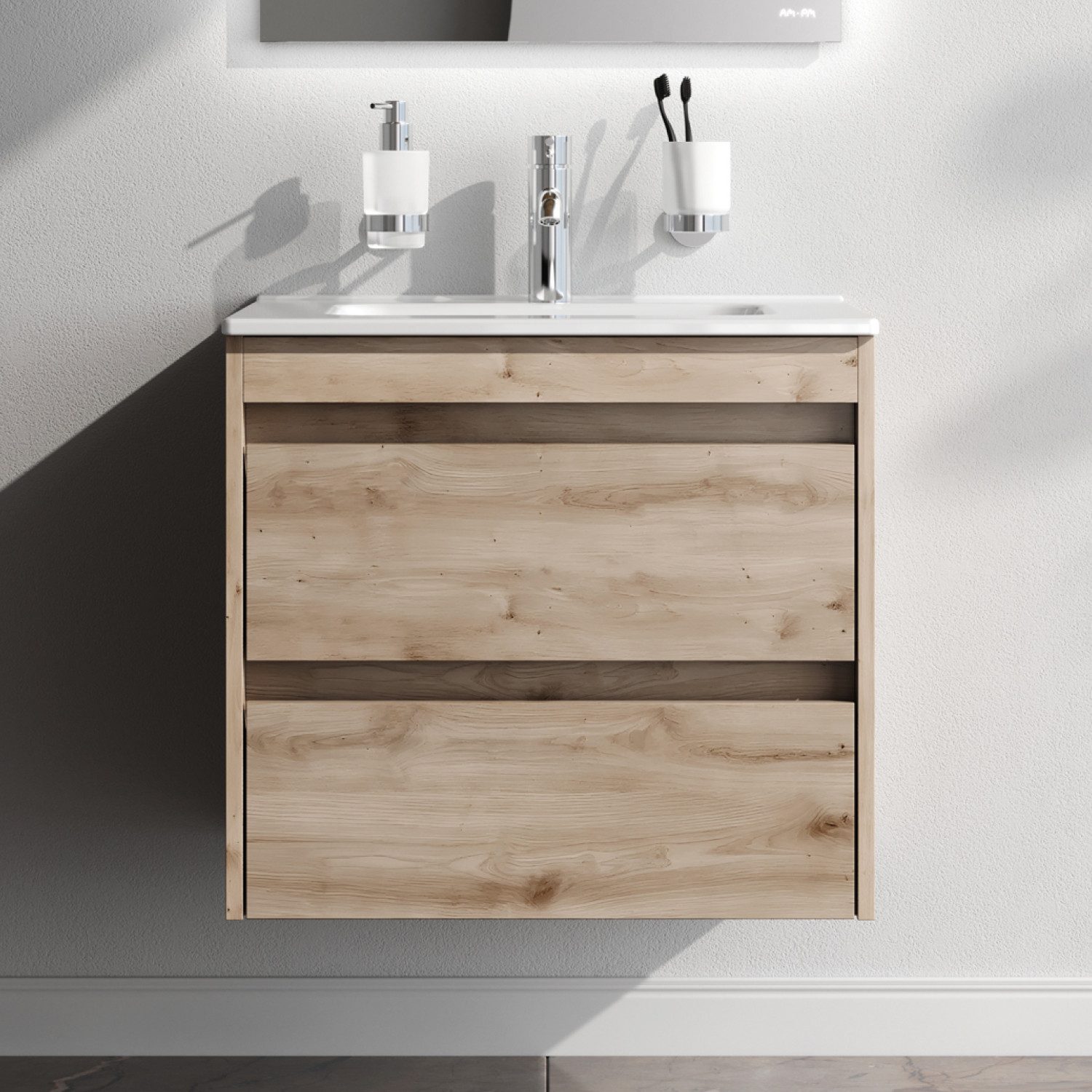 AM.PM Waschbecken Waschtischunterschrank mit Handwaschbecken 60 cm Unterschrank (Badmöbel-Set: Unterschrank & Wasch-Becken aus Porzellan, wandhängender Waschbeckenunterschrank und Waschplatz), Badschrank mit integriertem Keramikwaschbecken