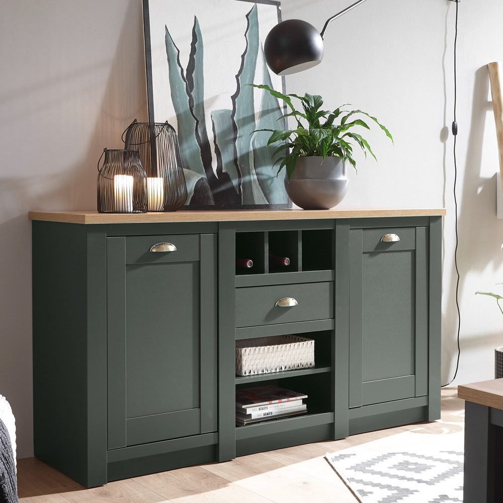 Lomadox Kommode CINCINNATI-61, Landhaus Anrichte Sideboard in grün mit Wotaneiche, : 152/83/45cm