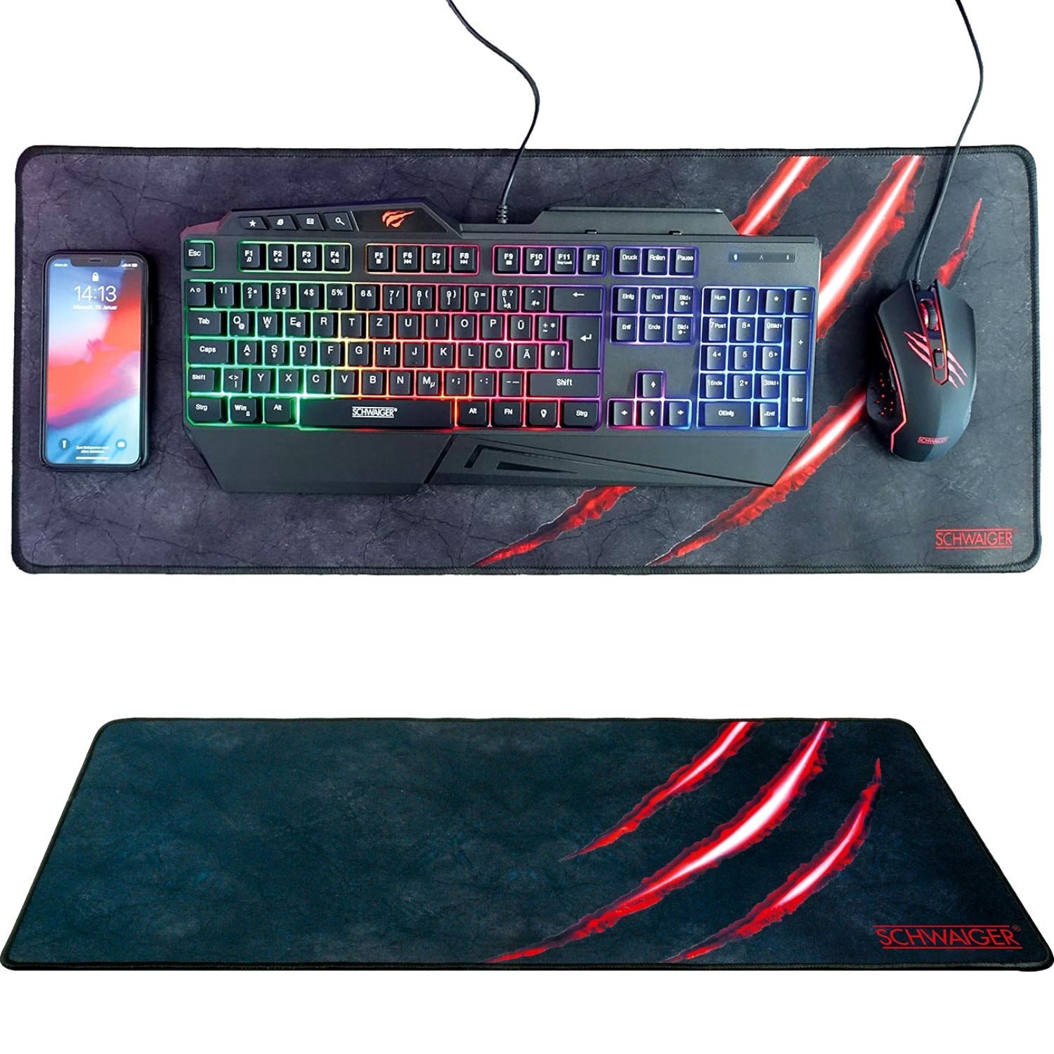 Schwaiger Mauspad Gaming PC Deskpad Mauspad XXL Tastatur + Maus (1x Schreibtischmatte), Gamer Mouse-Pad Mouse Pad Matte Unterlage Stoff Gummi Schreibtisch