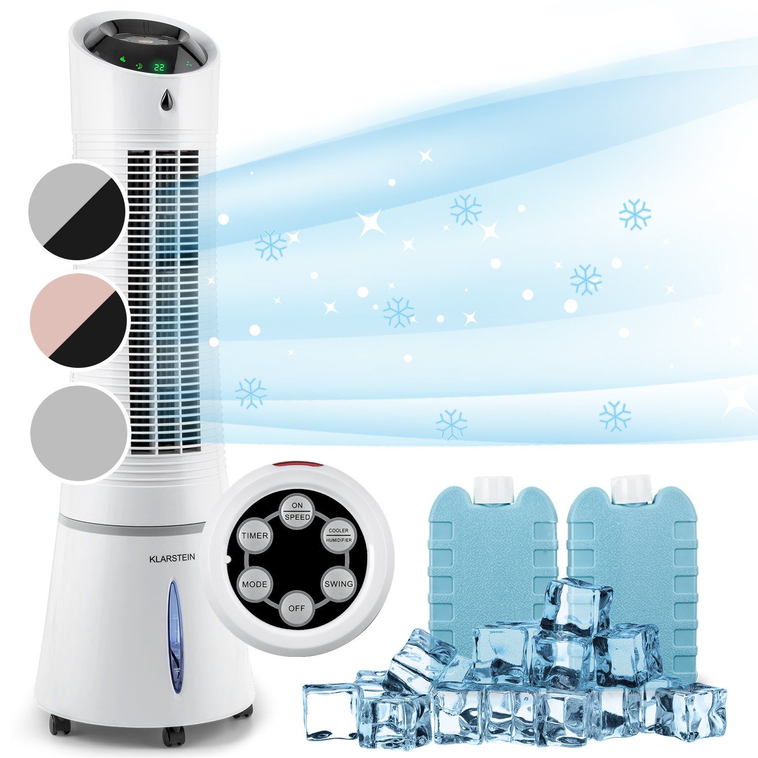Klarstein Ventilatorkombigerät Skyscraper Ice 4-in-1 Luftkühler, mit Wasserkühlung & Eis mobil Klimagerät ohne Abluftschlauch Weiß | Standventilatoren