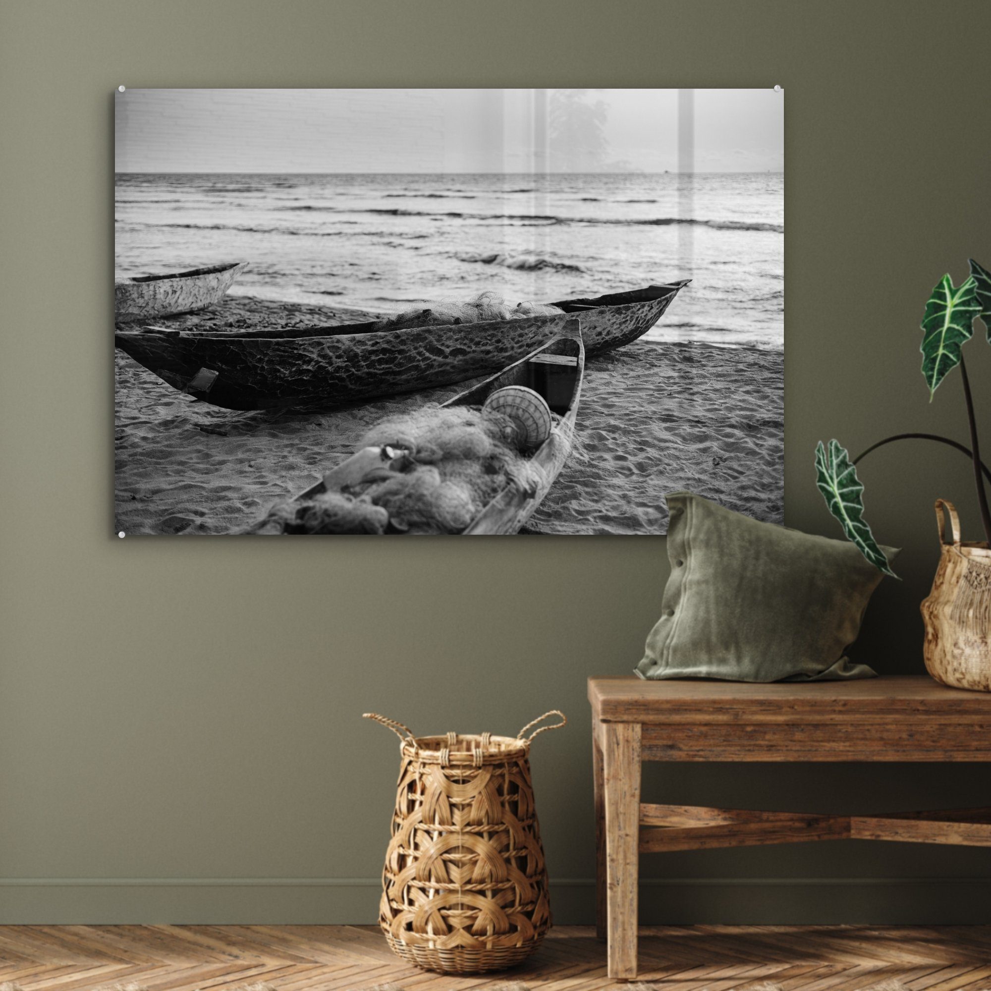 St), Schlafzimmer Strand weiß, Boote Acrylglasbilder am & Wohnzimmer MuchoWow schwarz und (1 - Acrylglasbild